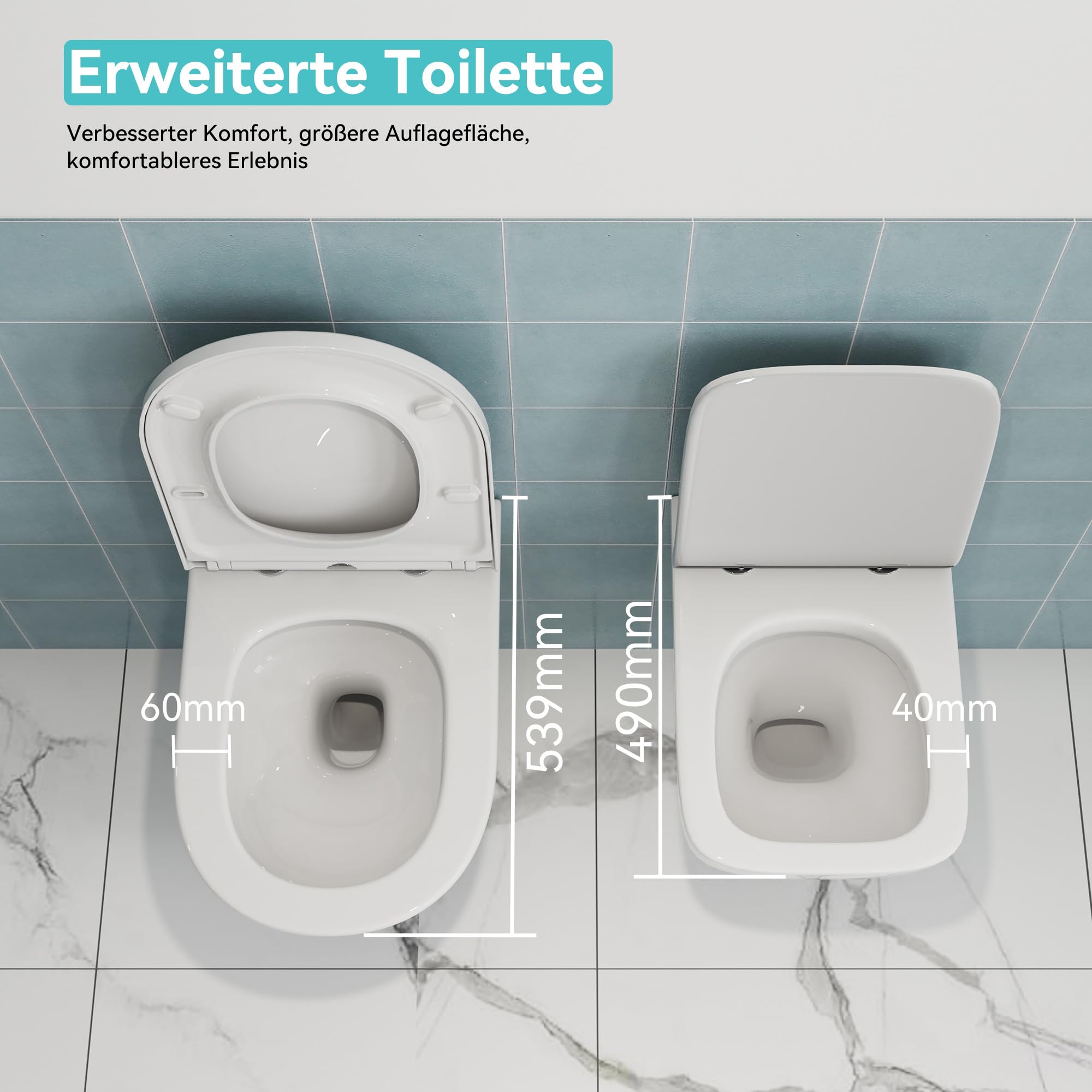 HOROW WC senza bordi con coperchio per WC, WC sospeso in ceramica, set di servizi igienici moderni, lunghezza 539 mm