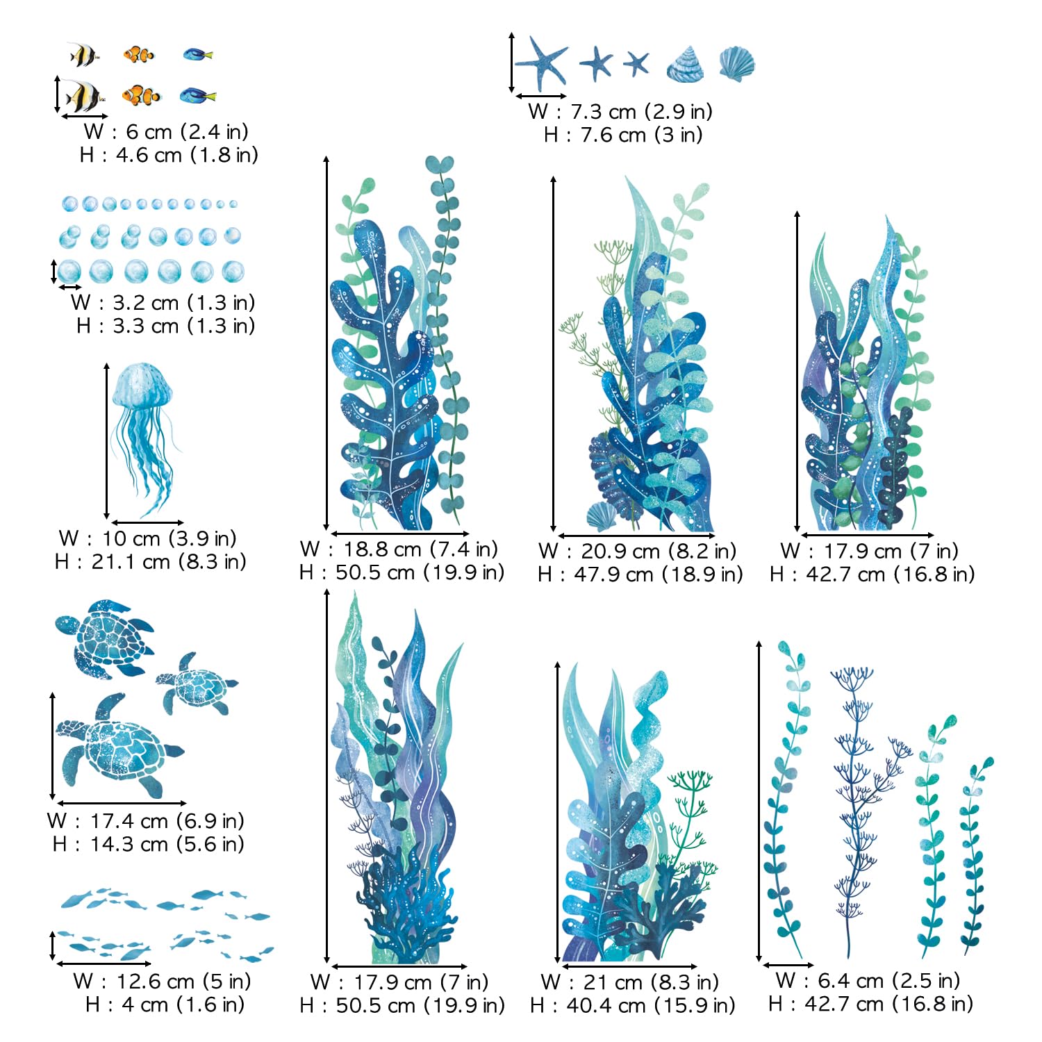 DECOWALL DS12-8084 Stickers muraux Sous La Mer Algues et Créatures Marines Tortues Herbe Marine Méduse Poisson Amovibles Pépinière Vinyle Autocollant Mural pour Chambre Salle de Bain Salon