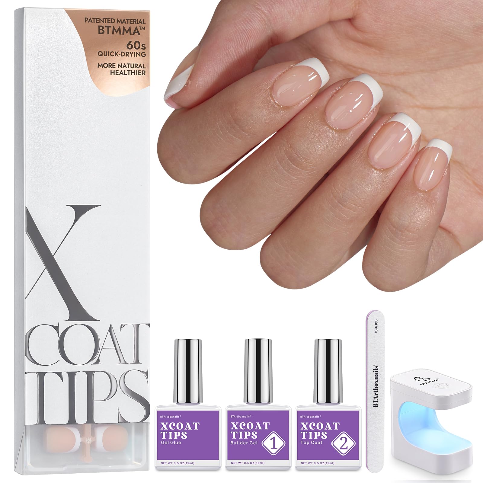 BTArtboxnails Gel Nail Kit - Square French Tip Press on Nails Extra Short Nude Fake Nails Set with Glue Soft Nail Extension Kit Glue Builder Gel and Top Coat with Lamp