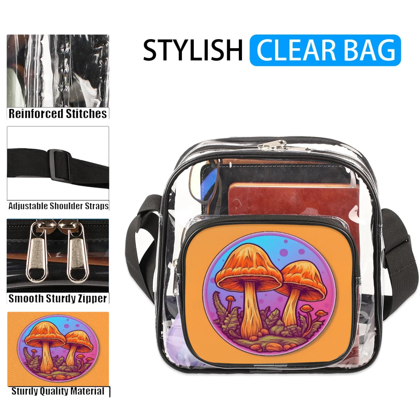 GzLeyigou Clear Crossbody Bag Stadium Approved Couple of Mushrooms Transparent Bag for Festivals, Sports Events, Concerts,Beach Bag for Women Men Clear Purse with Front Pocket Messenger Bag