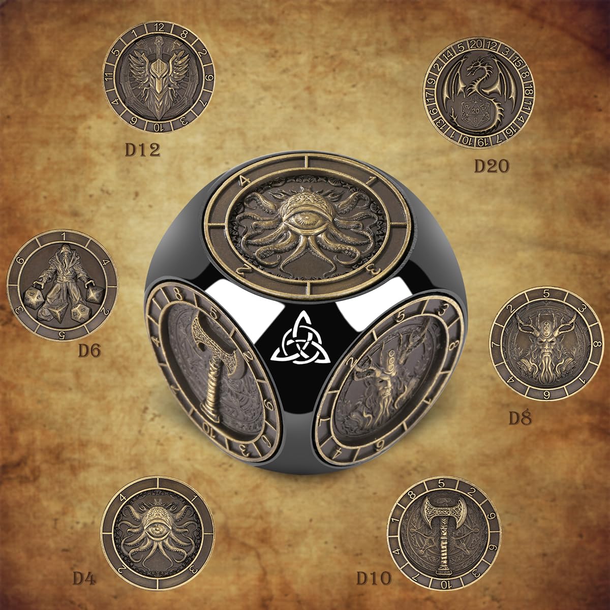 Dés Rotatifs du Bout des Doigts DND, 7-en-1 Métallique D&D Dés avec Relief 3D, Dés Polyédriques Tournants D&D, Cadeaux DND avec Boîte Cadeau, RPG, Jeu de Rôle, Accessoires de Jeu de Société, Noir