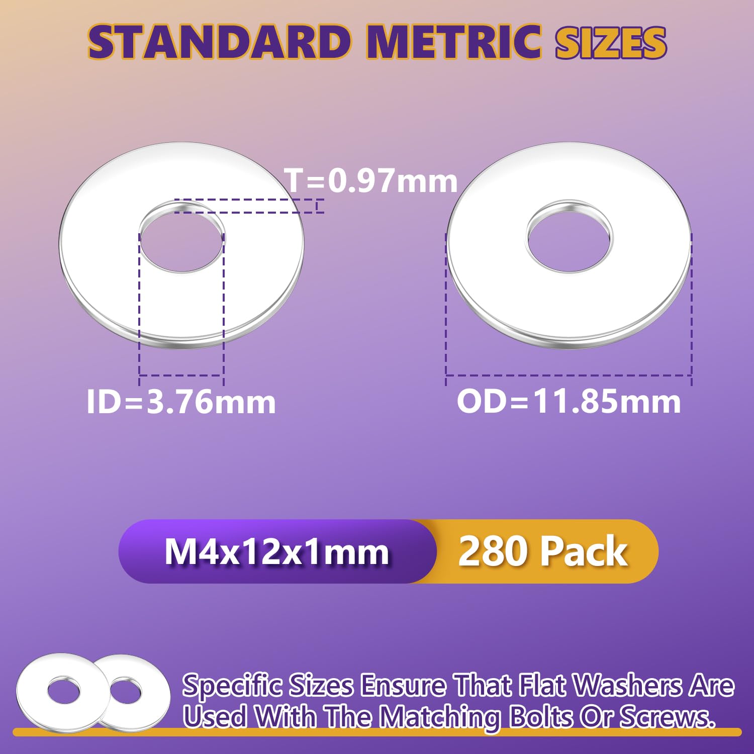 M4 Washers, M4 x 12mm Metal Flat Penny Washer Thickness 1mm- A2 304 Stainless Steel Washers (280 Pack) - Image 2