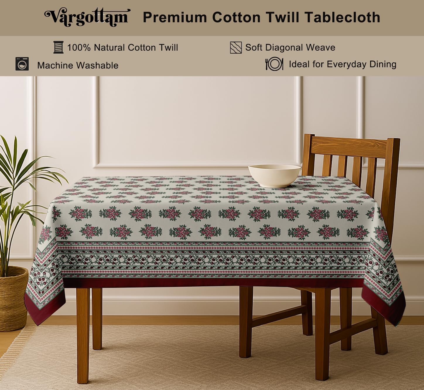 Floral Design Tablecloth- White 60x60 Inch Cotton Twill Dining Table Cover, Perfect for 4 Seater Tables, Durable, Protective & Washable, Ideal for Everyday Use, Festive Occasions & Gathering