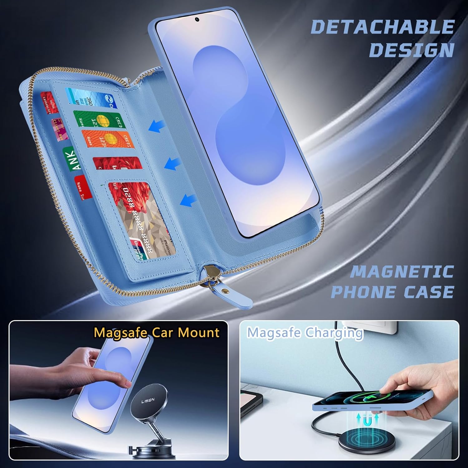 Lacass for Samsung Galaxy S25 Ultra Detachable Crossbody Wallet Case, Compatible with MagSafe Magnetic 2 in 1 RFID Blocking PU Leather Wallet Cover Card Holder Zipper Make Up Mirror (Blue)