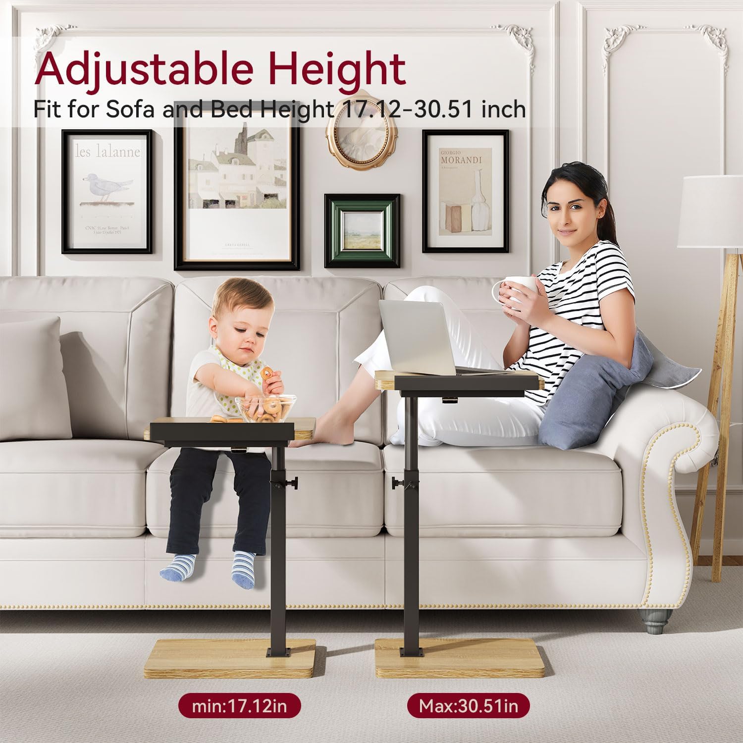 IBUYKE C Shaped Side Table, Angle Adjustable, 360° Swivel Height Adjustable End Table for Small Spaces, for Phone Computer & Tablet, Modern Small Coffee Snack Table for Sofa/Bed, Natural UTVT004R