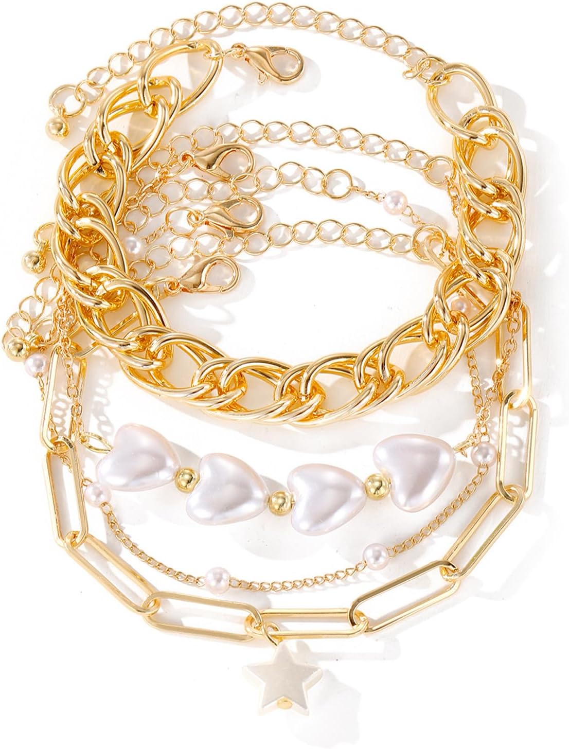 4 Pcs Gold Pearls Heart Bracelets Set for Women Stackable Cuban Link Chain Bangles Adjustable Paperclip Link Star Bracelets Jewelry Accessories - Image 8