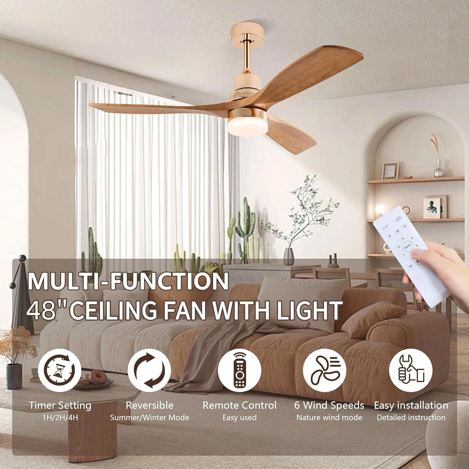 Modern Indoor Ceiling Fan with Light Remote Control,3 Solid Wood Blades,6 Speed DC Motor,22W Dual Color LED, Outdoor Ceiling Fan Chandelier for Living Room,Bedroom,Patio,Dining Room (Glossy Gold 48in)