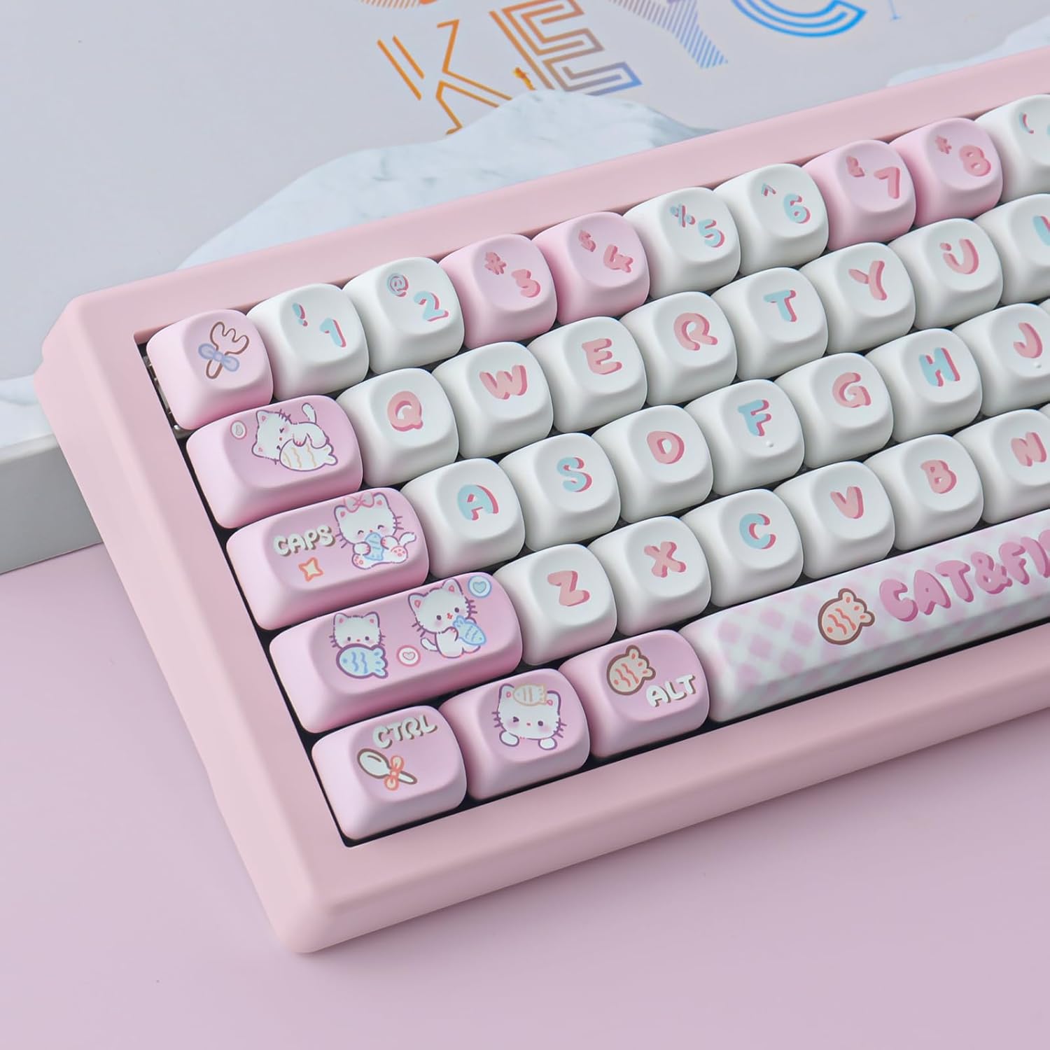 PBT Cute Kitty-cat Keycaps Set 140 Keys Dye-Sublimation MOA Profile Keycaps for Cherry Gateron MX Swithes Mechanical Keyboards