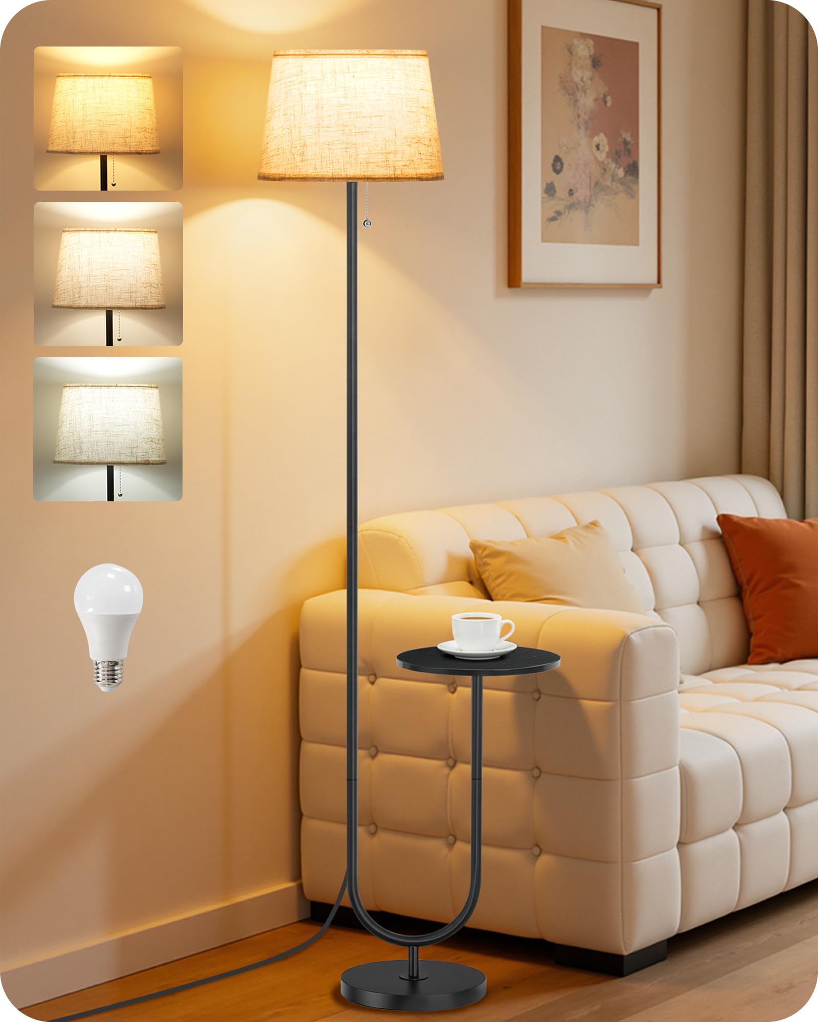 GOEBLESON Floor Lamp with Storage Shelf, 3 Color Temperatures, Memory Function, Standing Lamp with Natural Linen Shade, Pull-Chain Switch, for Living Room, Bedroom, Black and Beige ZBE21LDK05