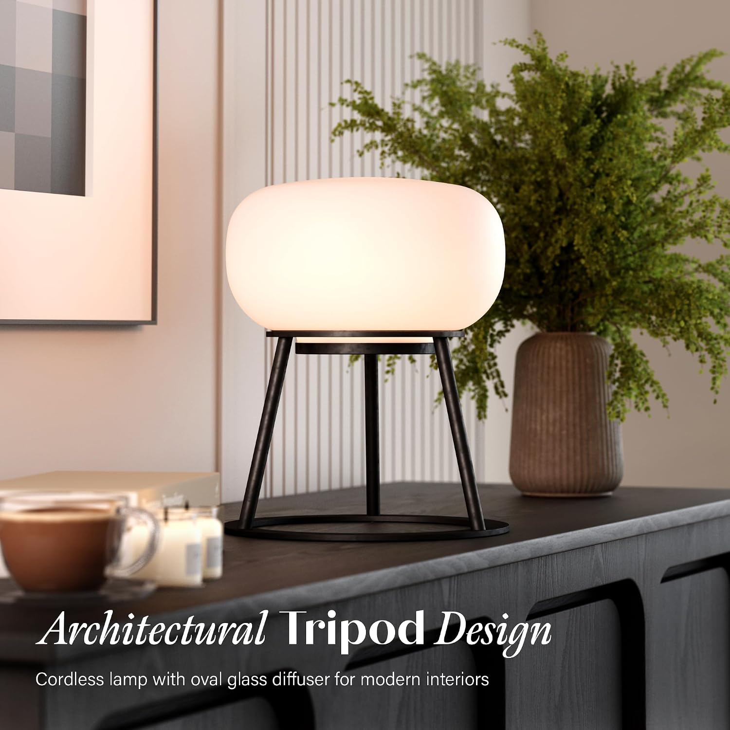 Bulbrite K70303 Kibun Tripod Rechargeable Cordless LED Table Lamp, 3-Levels Brightness Touch Sensor Control, Black