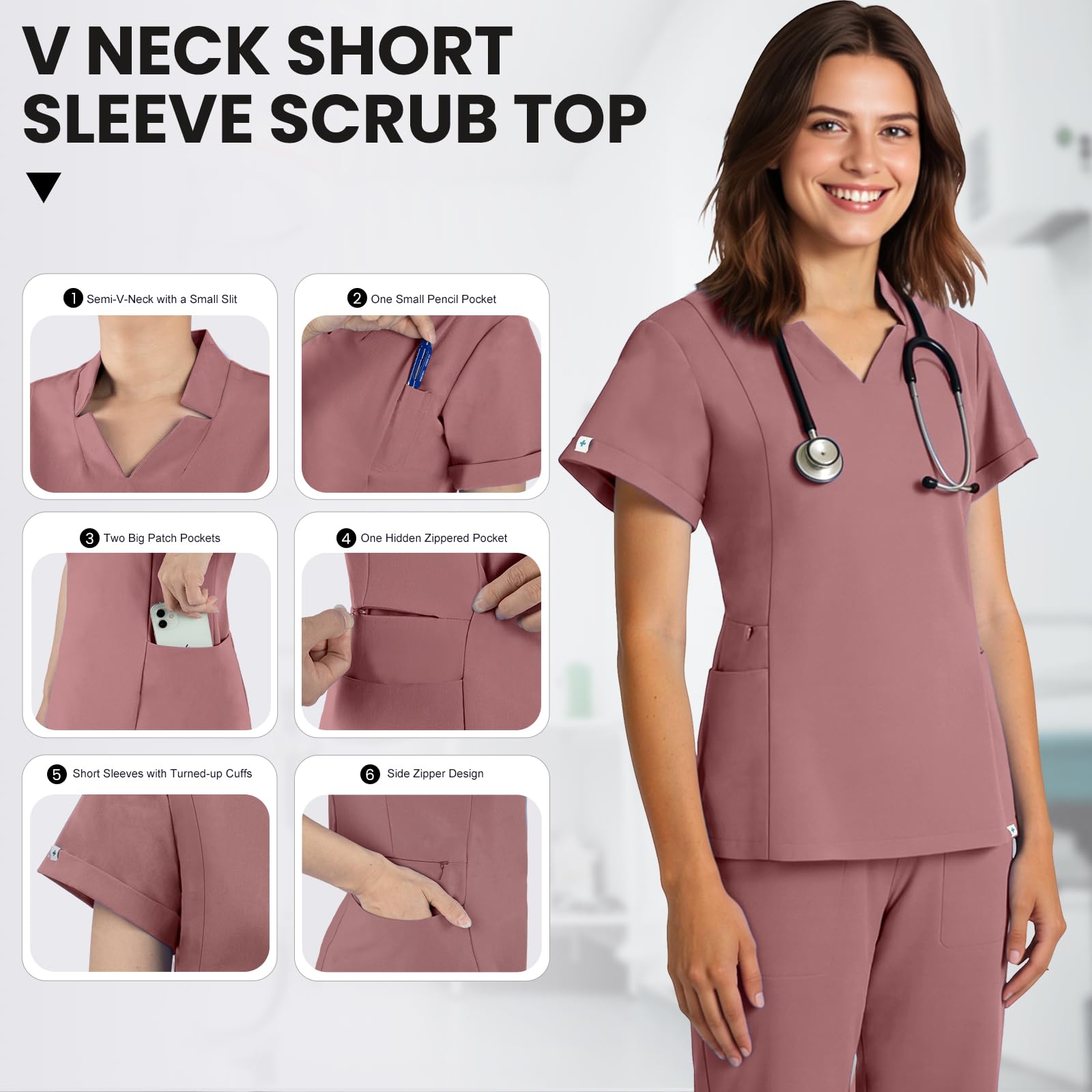 Set di scrub medico da donna, con scollo a V, a maniche corte, con elastico in vita, con coulisse, abbigliamento medico da lavoro con tasche multiple