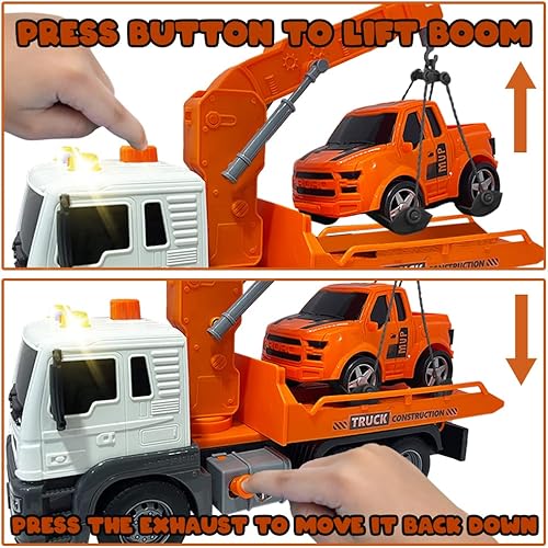 Miniatura 5 de ArtCreativity Camión de remolque iluminado, modelo a escala con cama plana móvil, luces, sonido, juguete de automóvil pequeño para niños, juguete