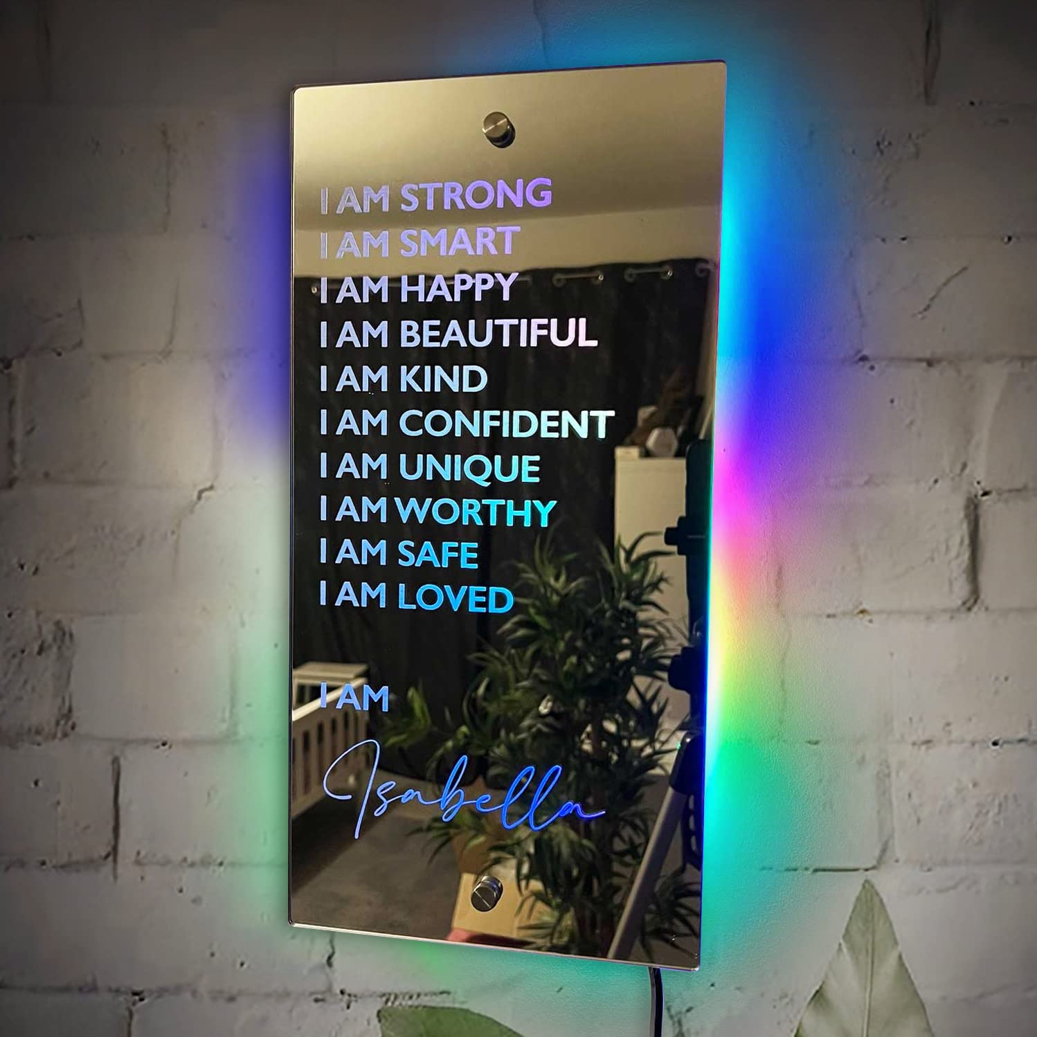 Personalised Affirmations Mirror - I Am Light Up Mirror Custom Text Night Light Name Neon Signs Bedroom Home Wall Decor Mirror for Living Room,Gift Ideas for Family Friends Birthday Anniversary
