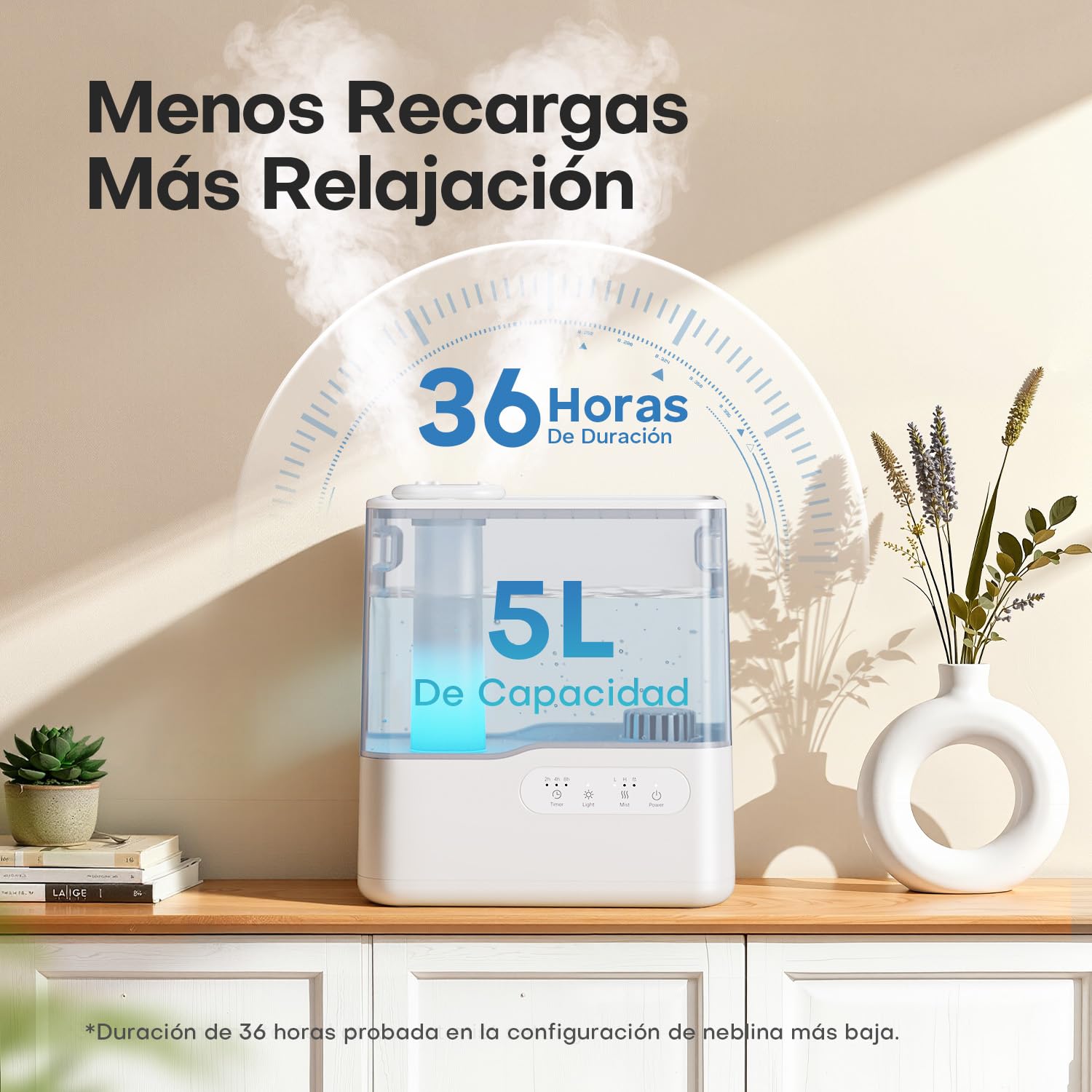 AROEVE Humidificador de Aire 5L Ultrasónico Top-Fill Niebla Fría 36H 25dB Silencioso