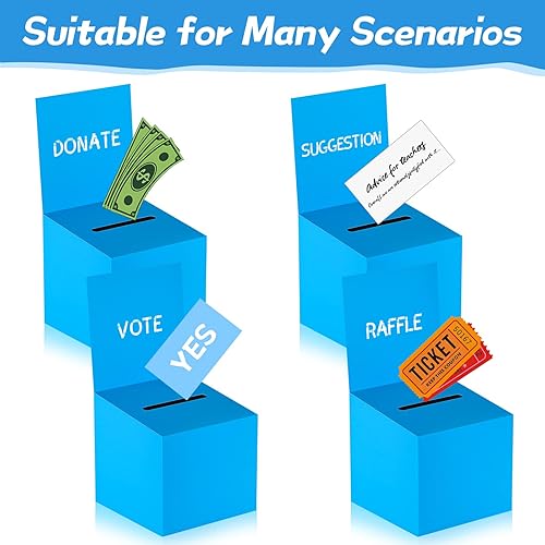 Miniatura 6 de Paquete de 12 cajas de sugerencias de cartón para rifas azules con ranuras para recaudación de fondos con cabecera extraíble para recaudación de