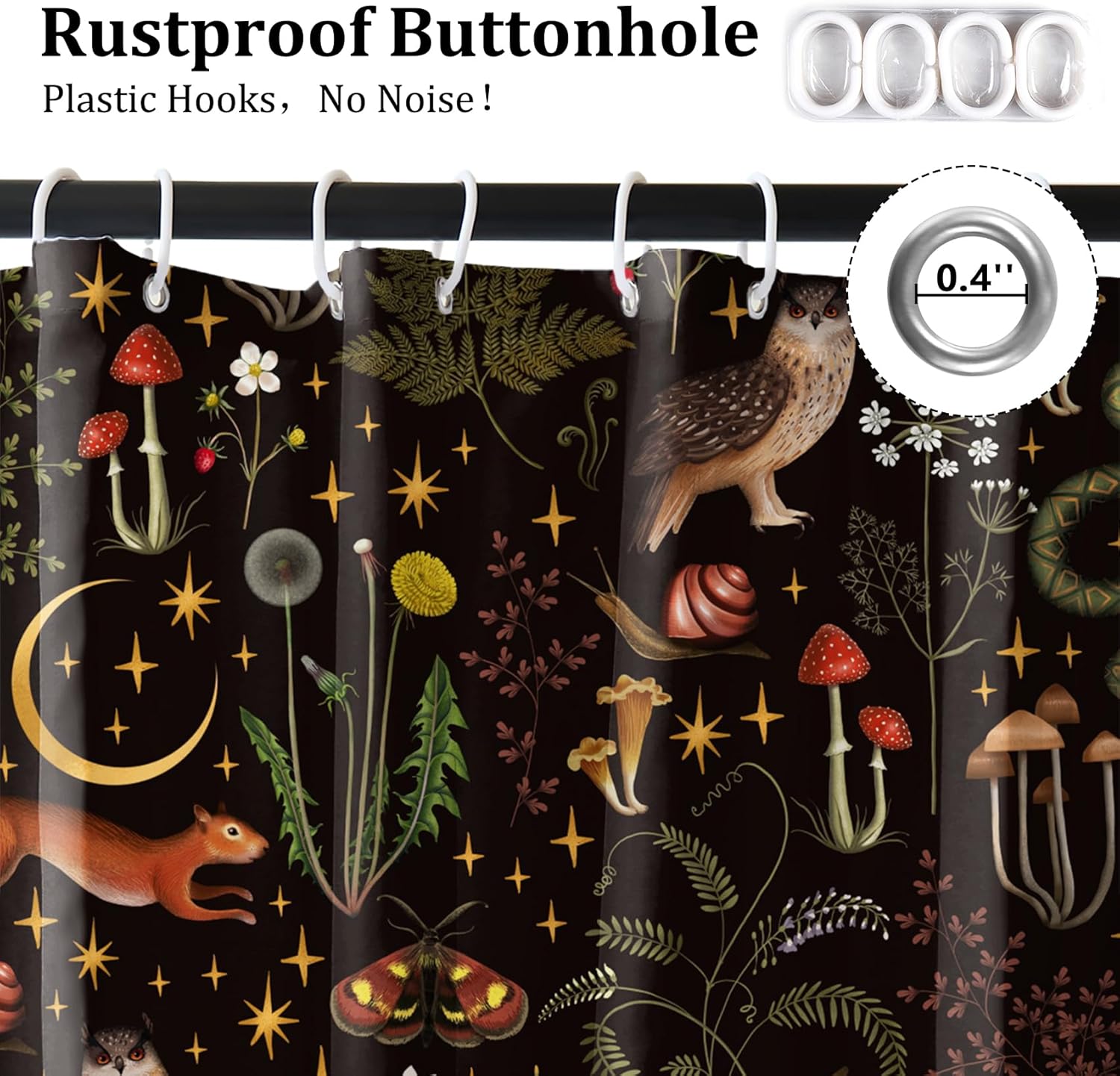 Renaiss 72 x 78 Inch Fairy Rustic Forest Shower Curtain Boho Cute Funny Gothic Vintage Mushrooms Woodland Wild Animals Butterfly Bathroom Shower Curtains Waterproof Fabric Bath Curtain Set with Hooks