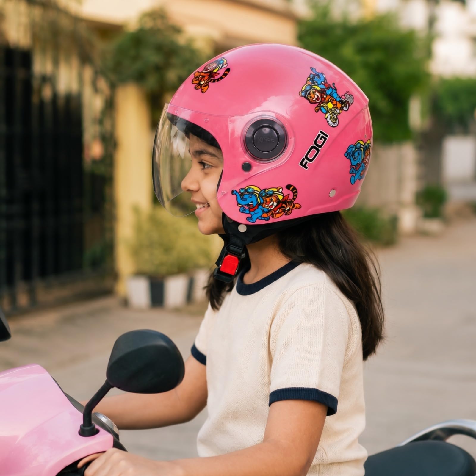 Kids Motorcycle Helmet by Xinor Fogi ISI Certified Ages 6-14 Years with Design - XS (Baby Pink) 2