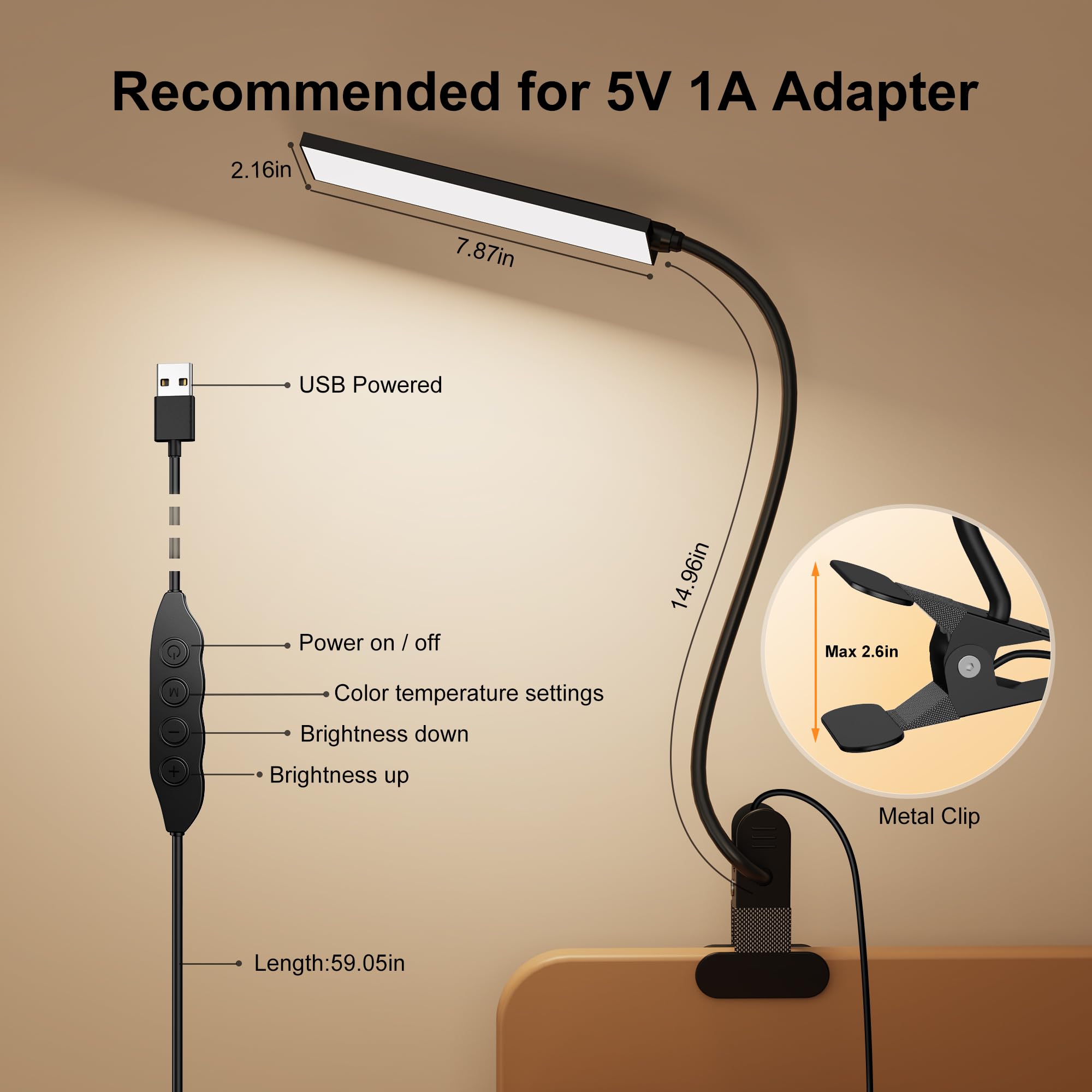 Lzonunl Clip-On Desk Reading Light – 3 Colors X 5 Brightness, Flexible Gooseneck, USB Powered, Memory & Auto-Off Timer