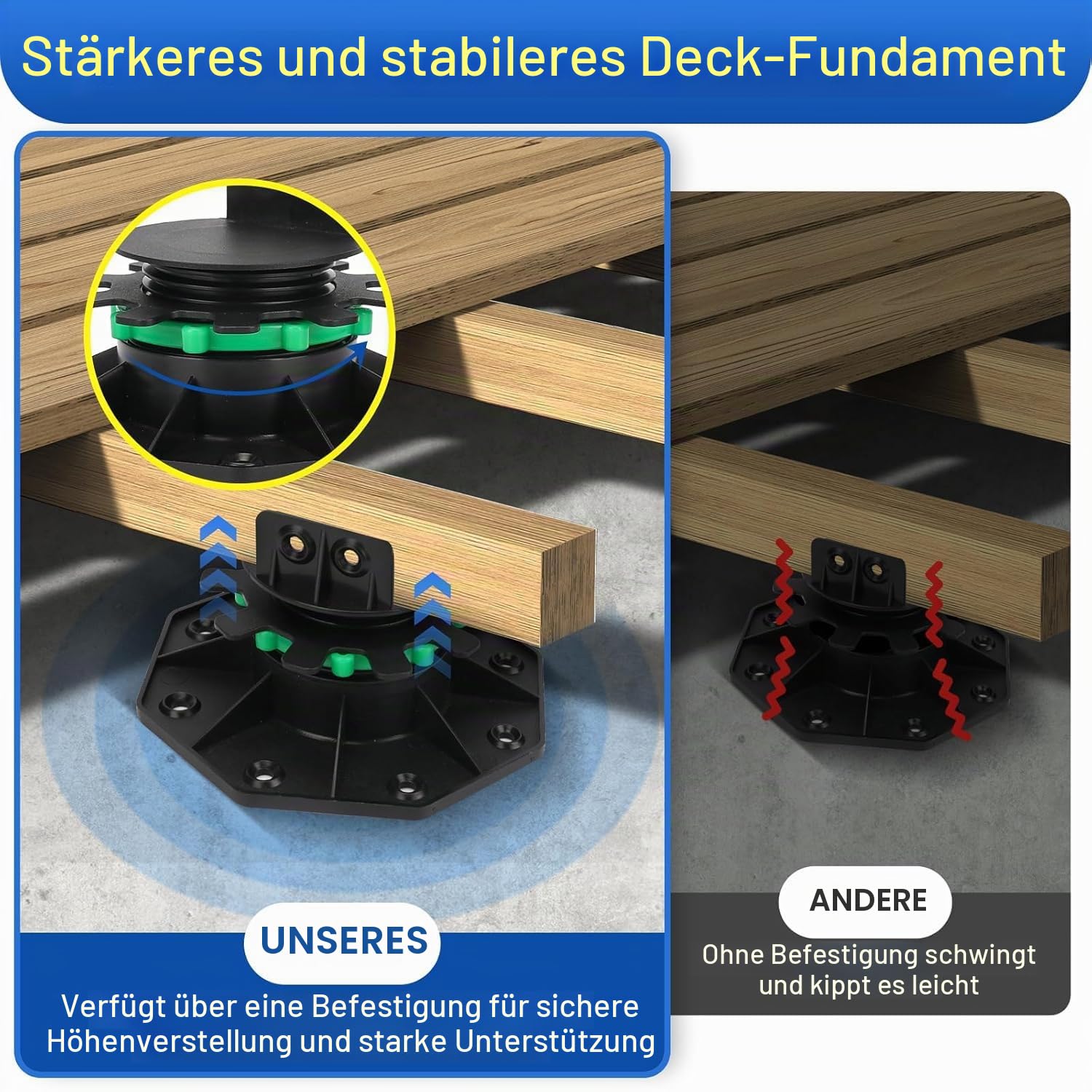 24 Stück Stelzlager höhenverstellbar für terrassendielen, Erhöhung von 40 mm auf 60 mm, mit Befestigungsring für maximale Stabilität, Bodenbalkenstützen
