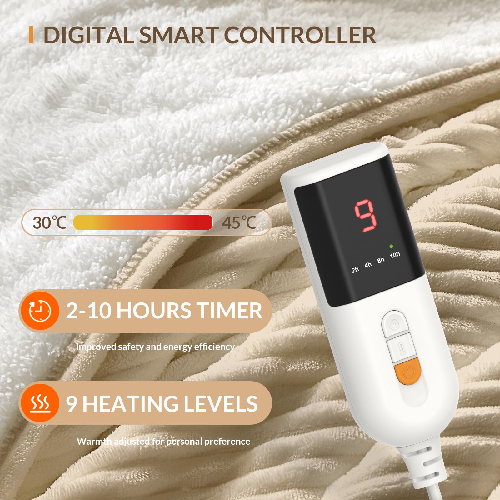 HOMLYNS Coperta riscaldata, 160 x 130 cm, 9 livelli di calore, beige | Timer da 2-10 ore, certificato UKCA e CE, controllo della memoria, cavo di alimentazione da 2,2 m
