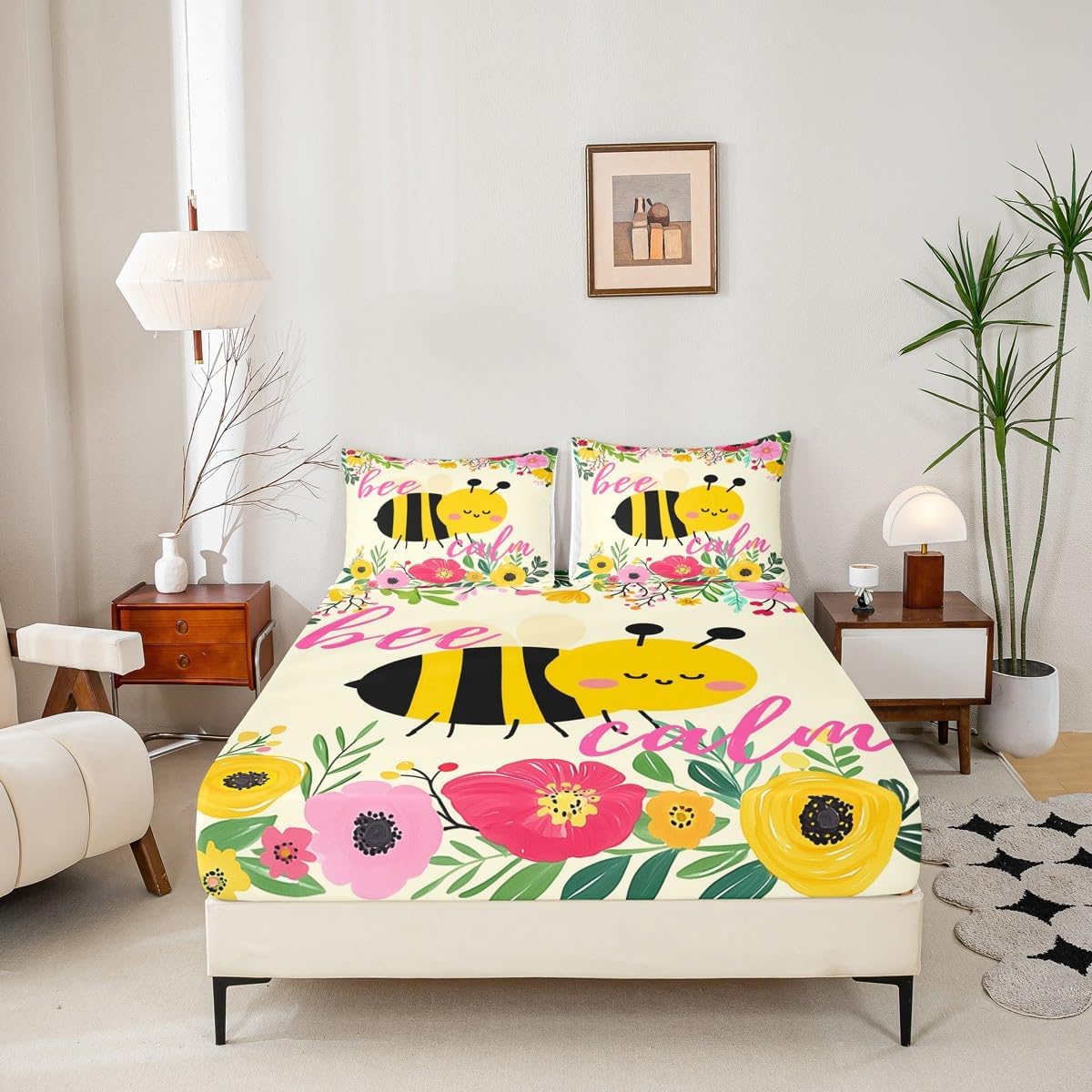 Honey Bee Bed Sheets, Colorful Floral Bedding Set Home Room Decor, Lovely Bee Calm Fitted Sheet Ultra Soft 3 Pcs with Deep Pocket, Cartoon Bee Fitted Bed Sheets with Deep Pocket, Full Size