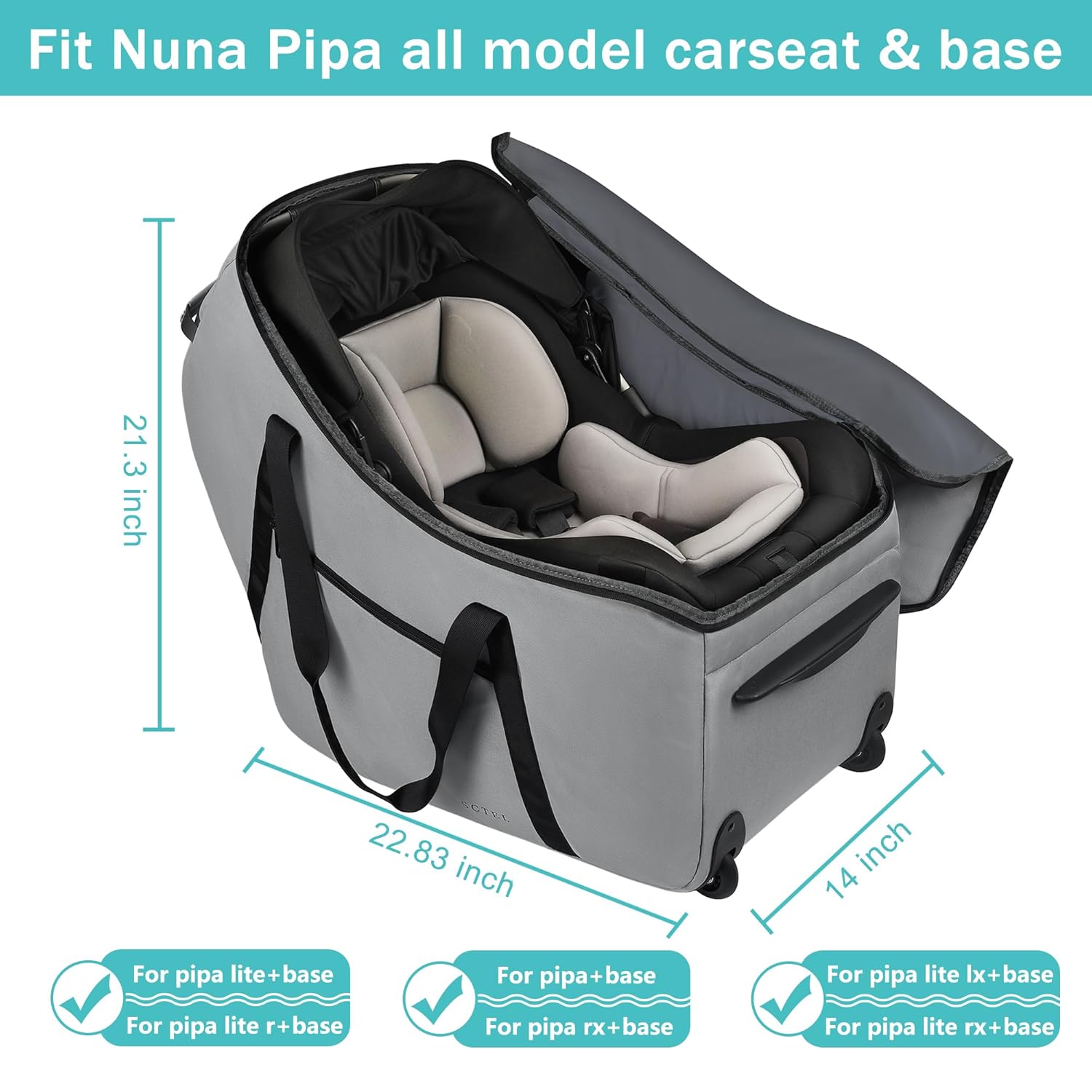 Car Seat Travel Bag Fits All Nuna Pipa Car Seat and Base, Doona Travel Bag, Padded Infant Car Seat Bag with Wheels, Airport Gate Check Bag with side pocket, Protective Feet, Double handle