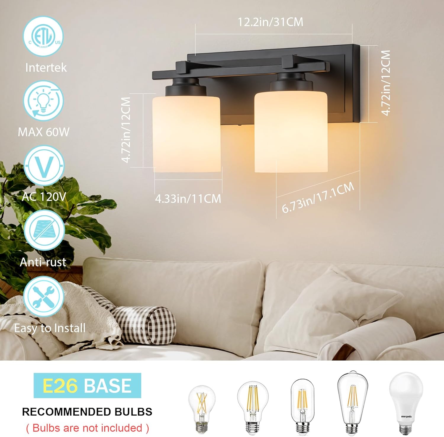 2 Light Modern Bathroom Light Fixtures Over Mirror, Black Vanity Lights for Bathroom Wall Sconces with Milky White Glass Shades, E26 Socket (Bulbs Not Included)