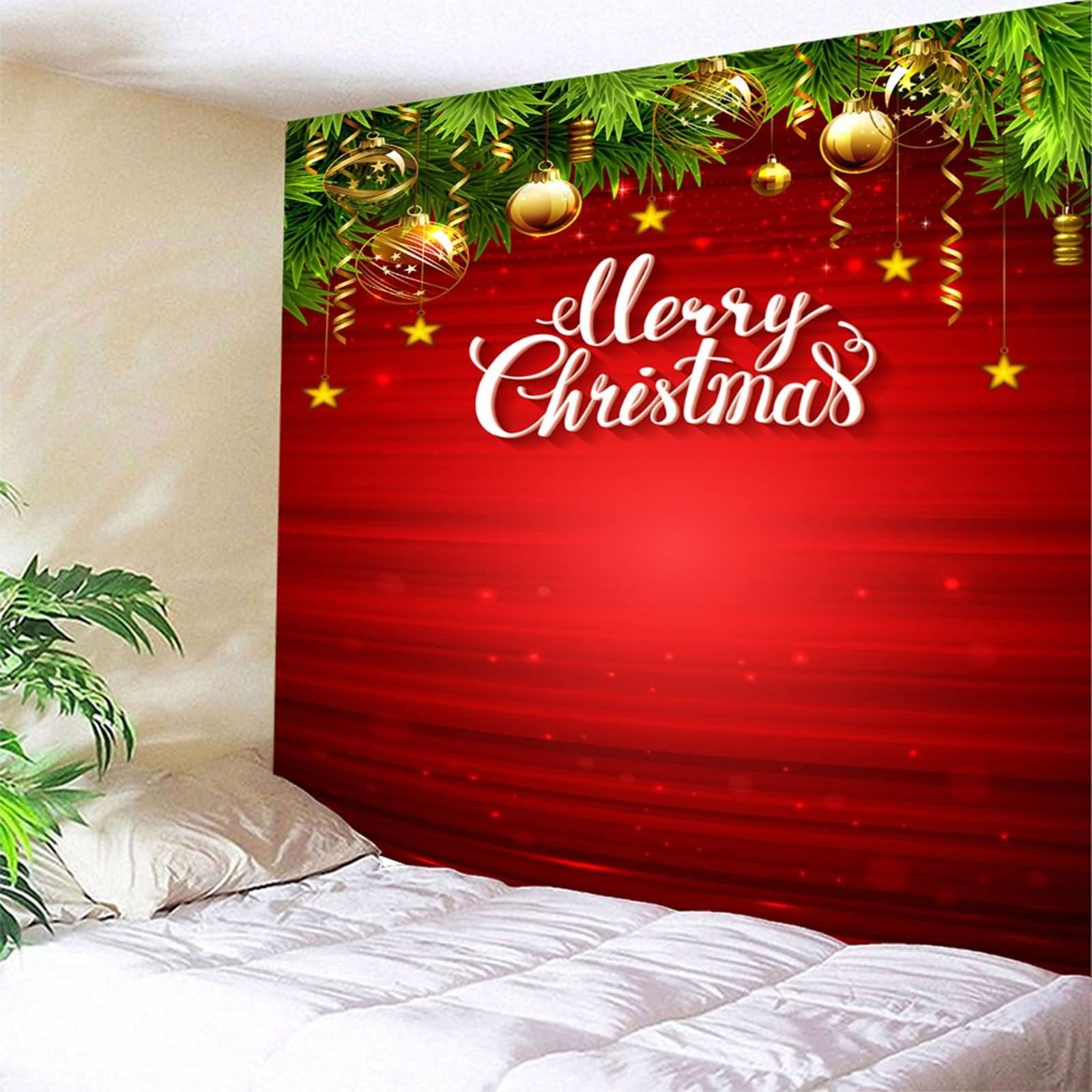Cuelga Tapices de Pared, Tapiz Decorativo de Navidad Bola de Decoración Navideña Merry Christmas Estrellas Verde Blanco Amarillo Poliéster 350X256cm