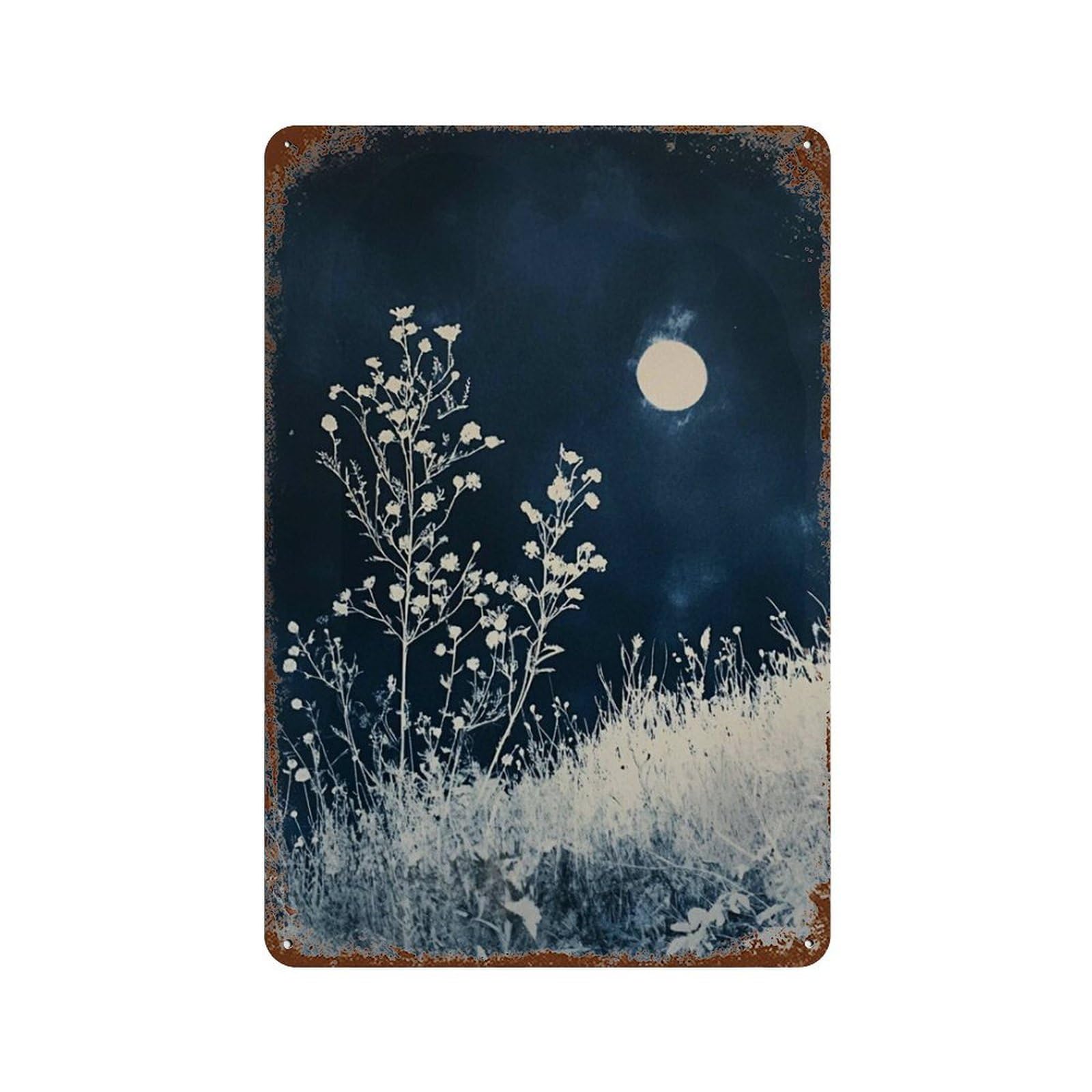 xiaoxiaoshen Moonlit Meadow Minimal Japanese Indigo Botanical Night Scene Calm Modern Wall Decor Art Metal Tin Poster Modern Home Decor Art Home Bar Shop Decorations Vintage Sign 30x20cm