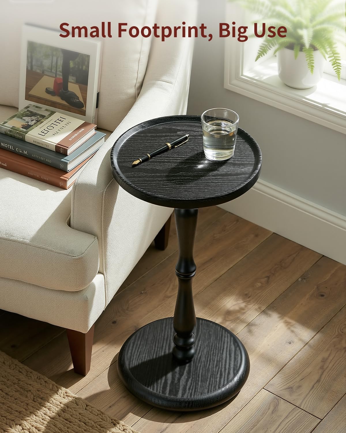 Relefree Solid Wood Small Drink Table,Round Side Table with Thickened & Widened Pedestal Base,Martini Table with Waterproof Edge,12.6" Modern Tray Top End Table for Small Spaces,Living Room,Corners