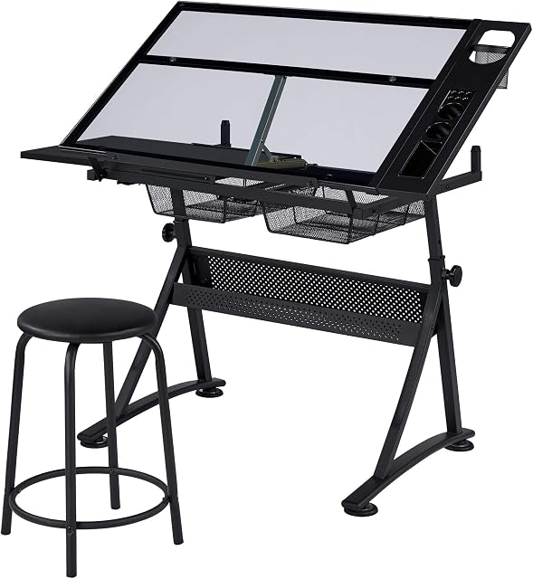 Yaheetech Glass Drafting Table Adjustable Tilting Drawing Desk Craft Table Writing Desk with 2 Drawers and Stationery Storage, 121 x 60 x 70.5 cm