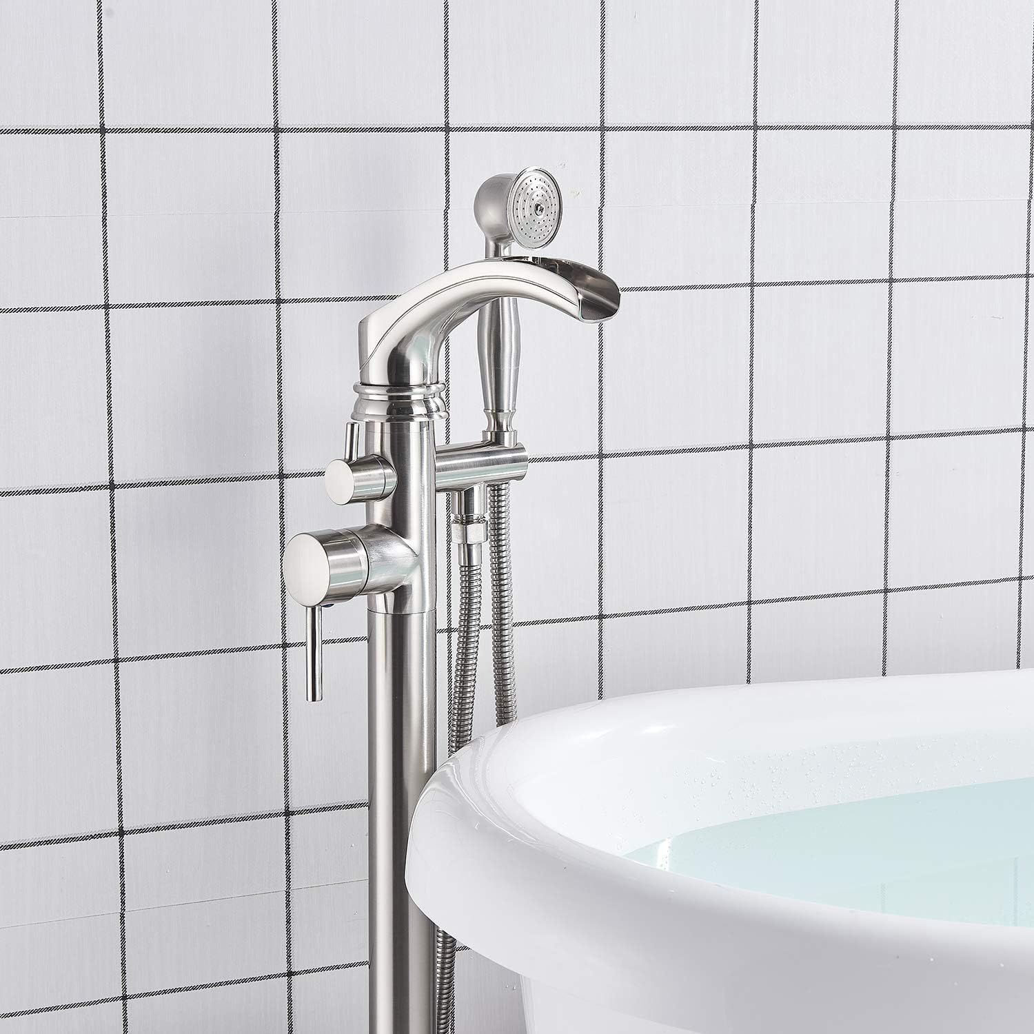 Best Seller Senlesen Brushed Nickel Bathroom Single Handle Freestanding Bathtub Faucet Floor Mounted Waterfall Tub Filler with Hand Shower Set