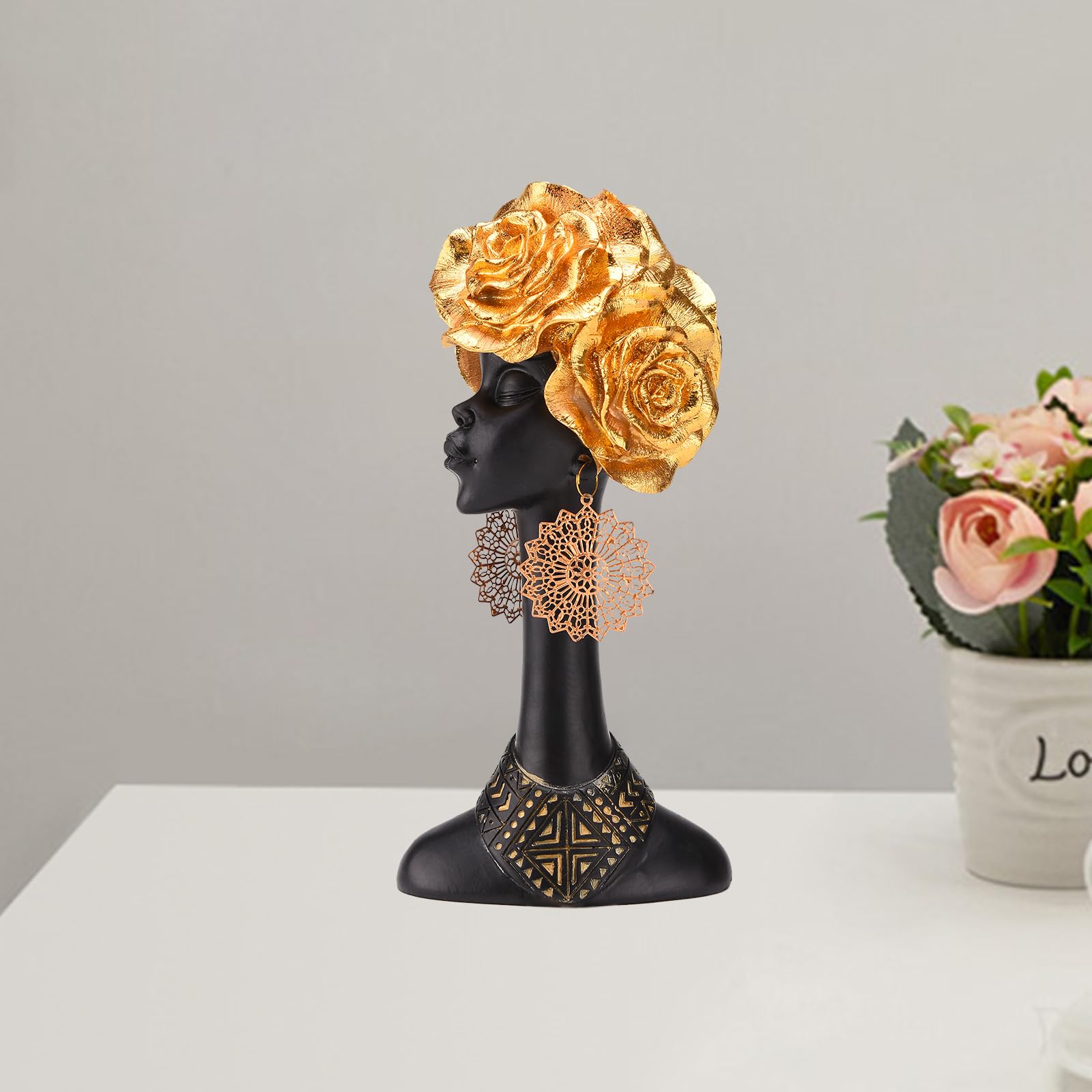 Statua in resina nera con fiore e orecchini, tribù africane decorazione moderna per la casa, ornamenti per la lavorazione artistica, utilizzati per collezione, regalo, famiglia decorativa