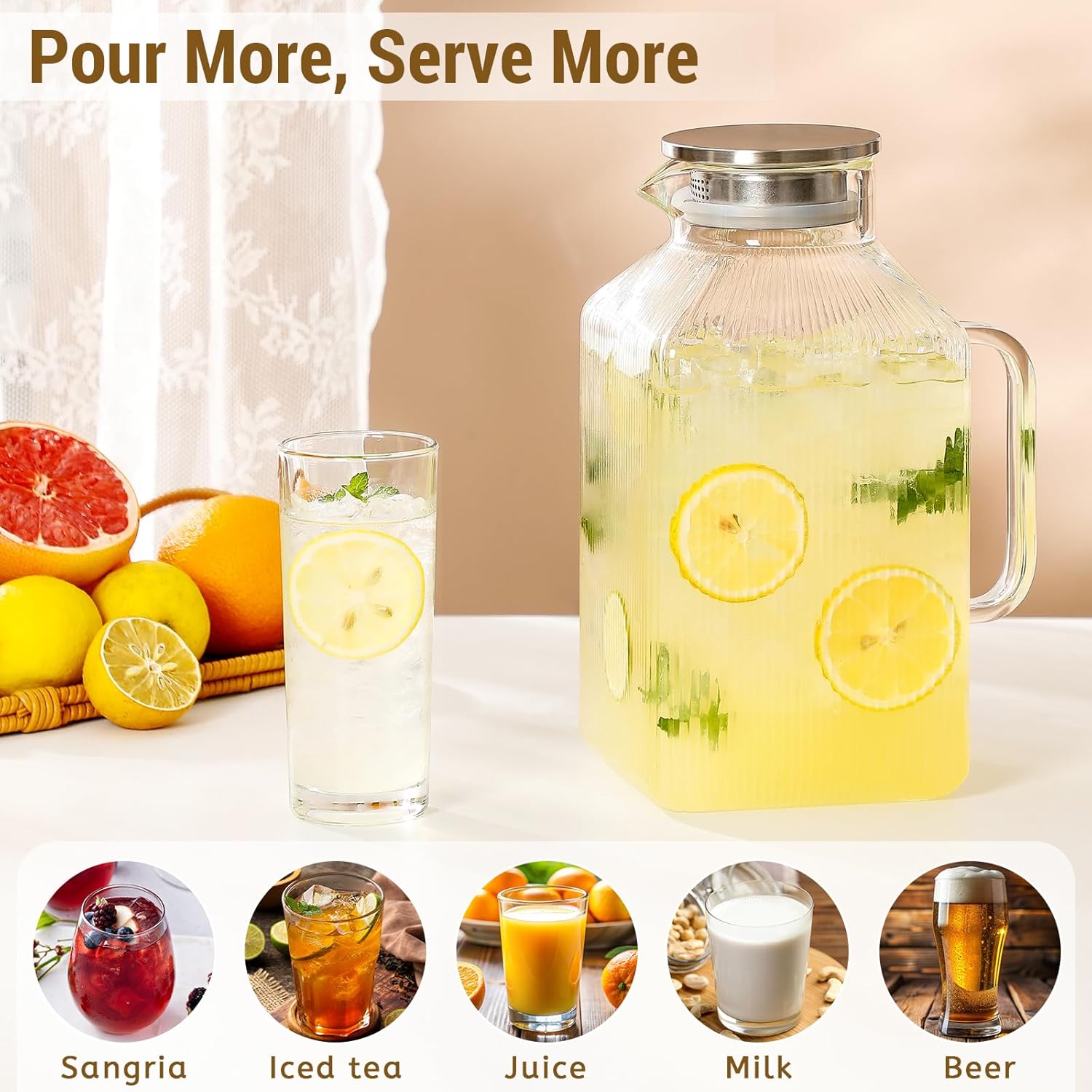 1 Gallon thickened Square Glass Pitcher with Lid, Classic Stripes Water Pitchers for Fridge, Borosilicate Glass Carafe for Hot/Cold Brew Drink, Extra Large Jug with Handle for Iced Tea, Coffee, Juice - Image 2