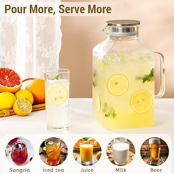 1 Gallon thickened Square Glass Pitcher with Lid, Classic Stripes Water Pitchers for Fridge, Borosilicate Glass Carafe for Hot/Cold Brew Drink, Extra Large Jug with Handle for Iced Tea, Coffee, Juice