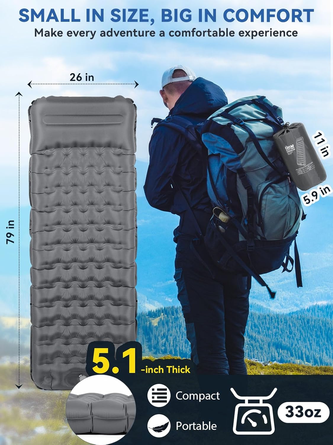 Camping Sleeping Pad, Ultra-Thick 5.1" Camping Mat with Pillow, Built-in Foot Pump Inflatable Sleeping Pads Compact for Camping Backpacking Hiking