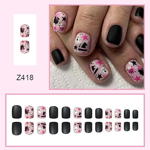 Miniatura 2 de Lindas uñas postizas a presión de Halloween, color negro, extra cortas, cuadradas, mate, fantasma, sombrero mágico, con diseños, pegamento acrílico,