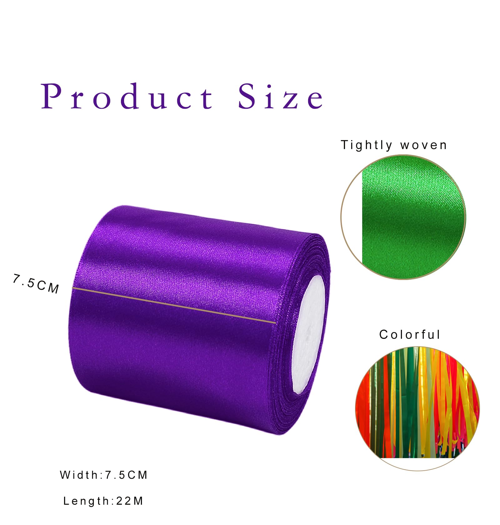 Wide Purple Satin Ribbon 75mm (2.9 Inch) for Gift Wrapping 22m Thick Silk Ribbon for Crafting Halloween, Xmas Party - Image 2