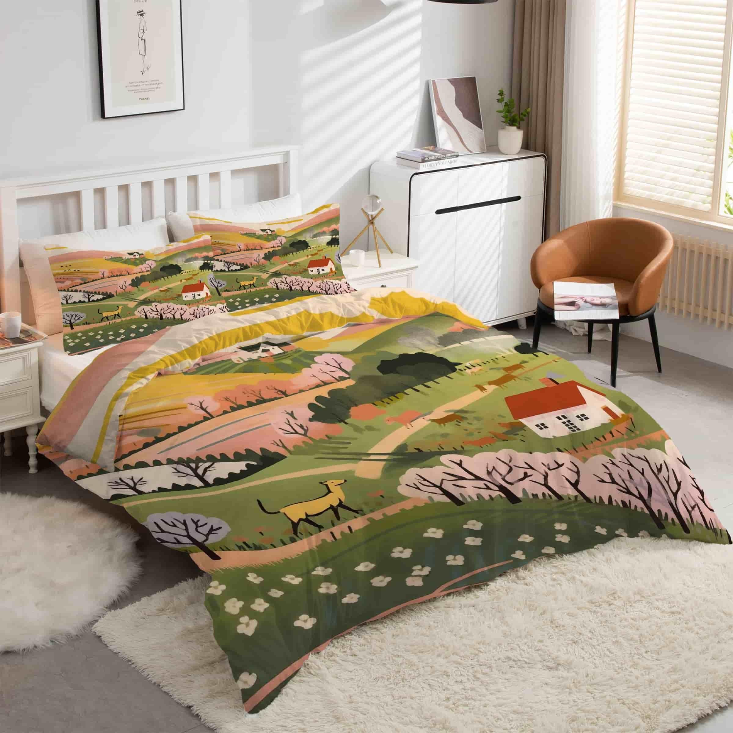Housse de couette 160x200 microfibre avec 2 taies d'oreiller motif campagne