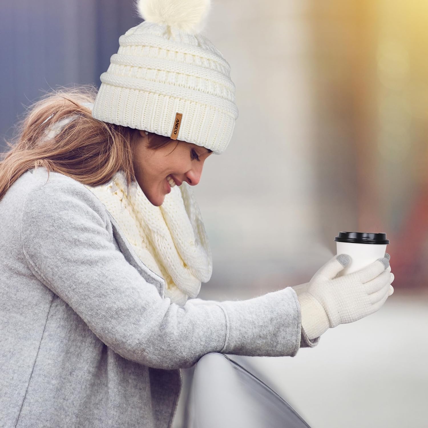 Aneco Womens Winter Warm Sets Knitted Fur Pompoms Beanie Hat Circle Loop Scarf Touch Screen Gloves Winter Favor Accessories - Image 7