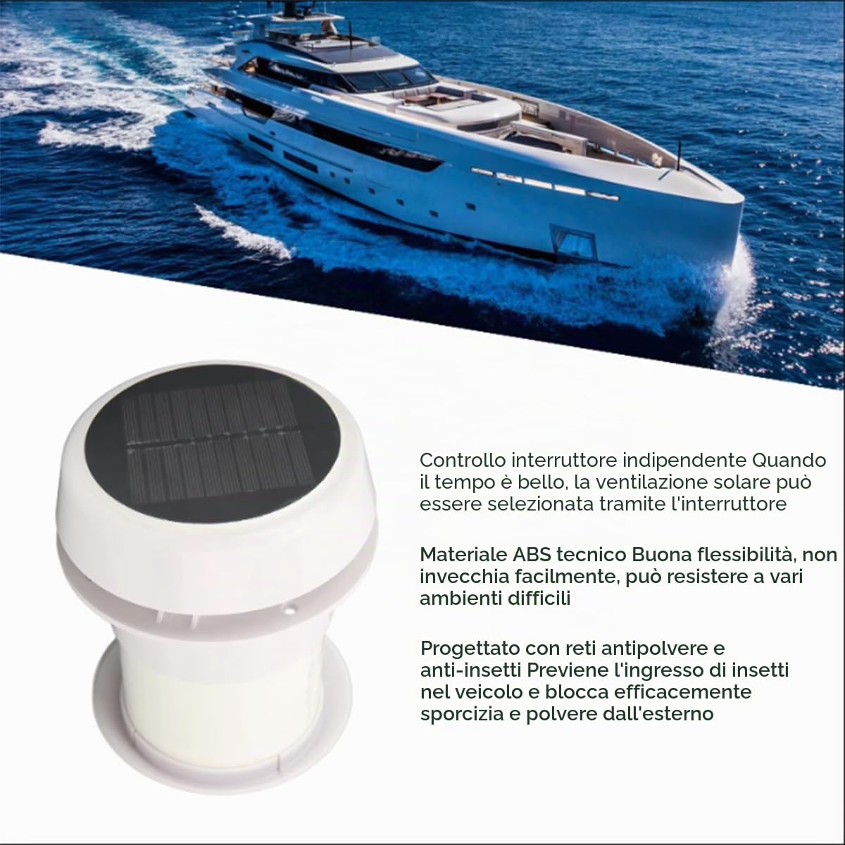 Ventilatore solare da tetto, 12 V, silenziatore, 1800 giri/min per camper T4 T5 T6, roulotte, barche e yacht