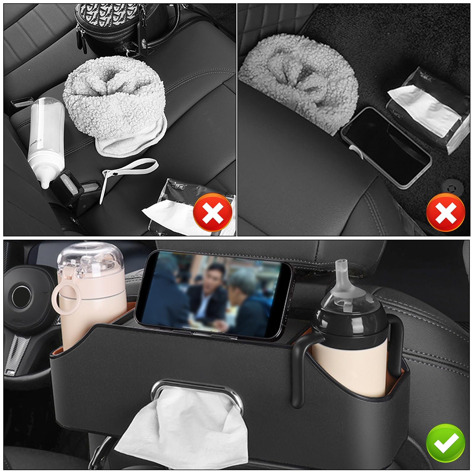 Scatola portaoggetti per sedile auto, contenitore per auto, con scatola in tessuto, porta bicchieri, multifunzione, decorazione interna, organizzatore multifunzione (nero)