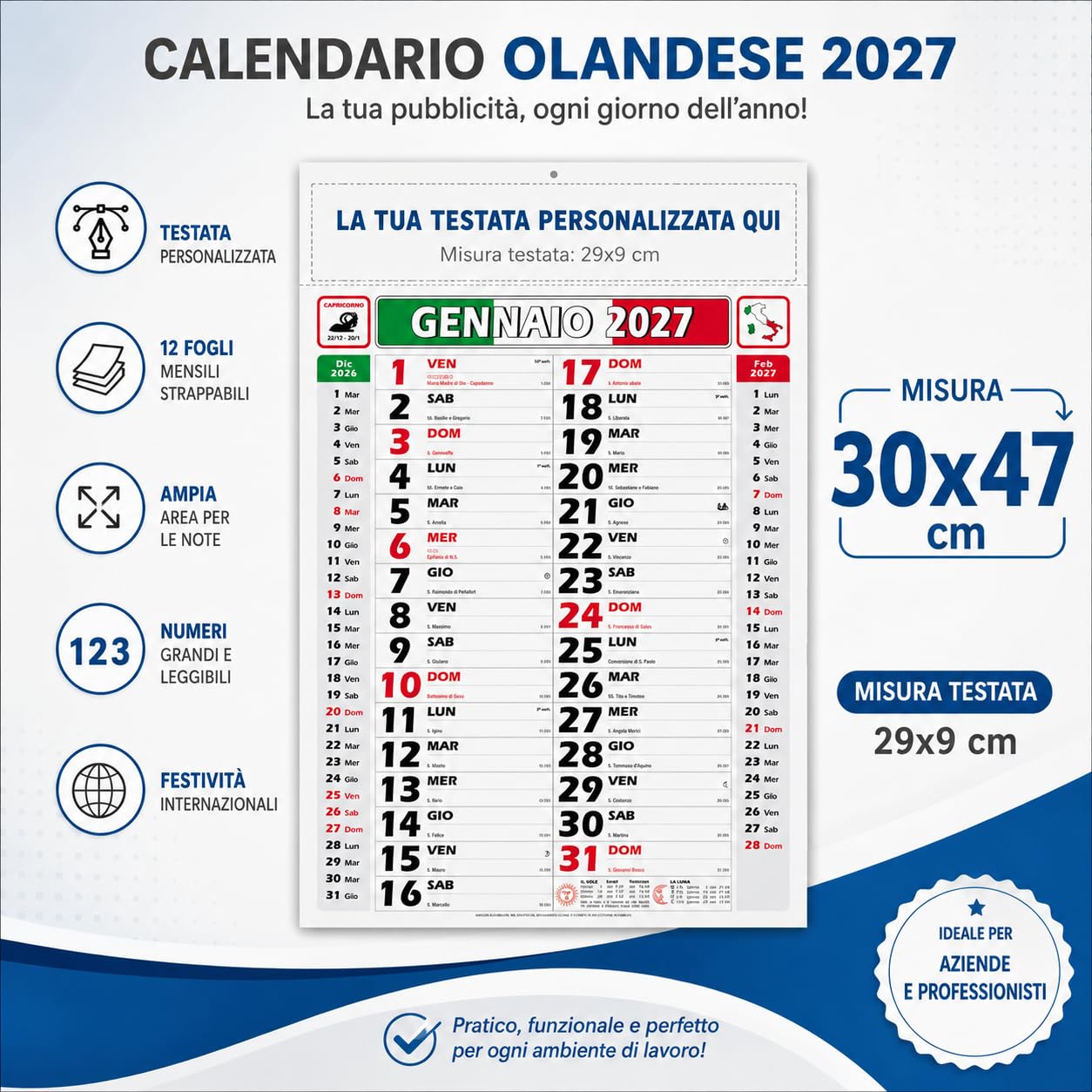Calendari Personalizzati 2026 in Stock da 100 Pezzi Olandesi Grandi da Muro Notes sul Retro per Gadget Pubblicitari di Fine Anno e come Omaggio per i Clienti o Regali Aziendali | PA432