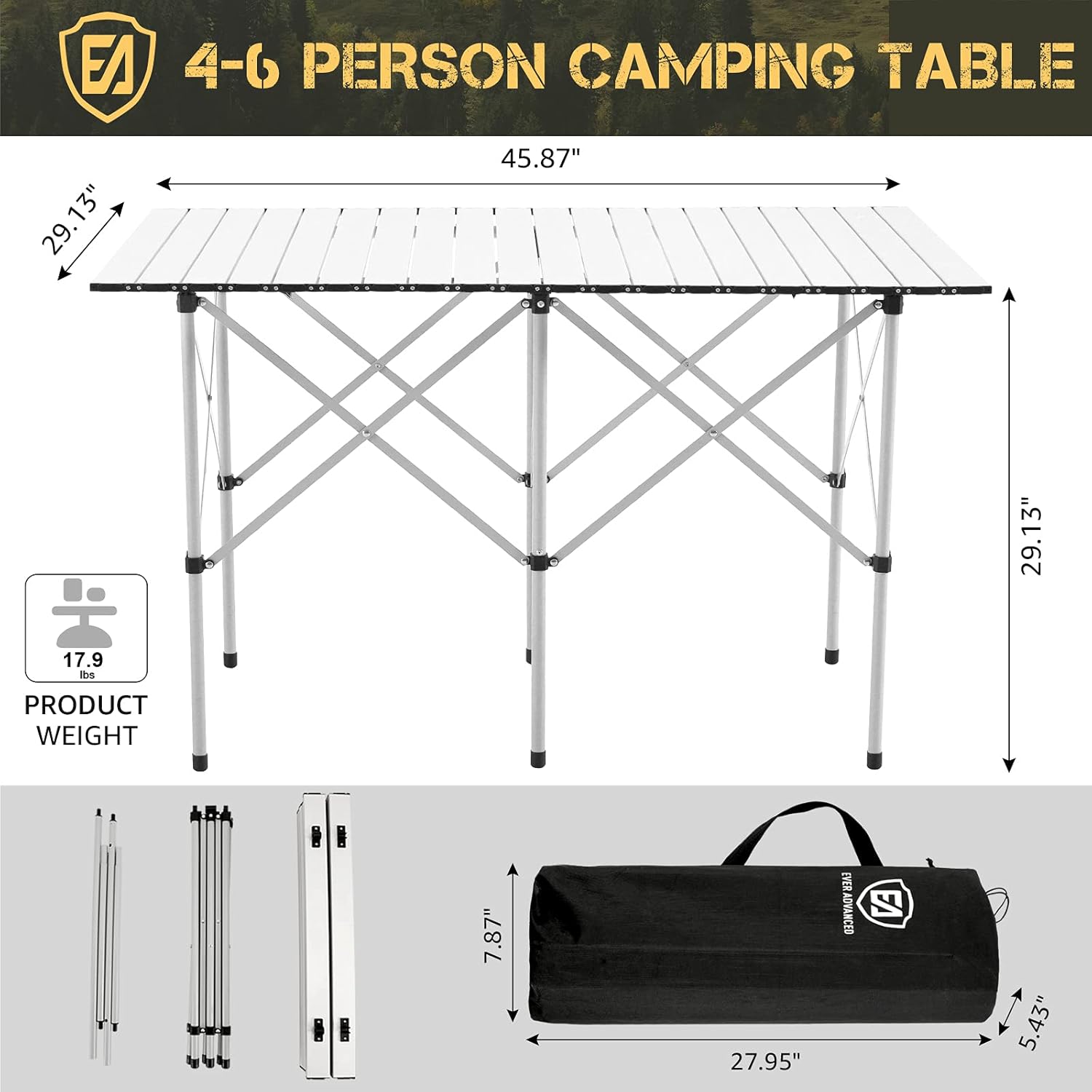 EVER ADVANCED Camping Table, Fold up Lightweight, 4-6 Person Portable Roll up Aluminum Table with Carry Bag for Outdoor, White : Sports & Outdoors