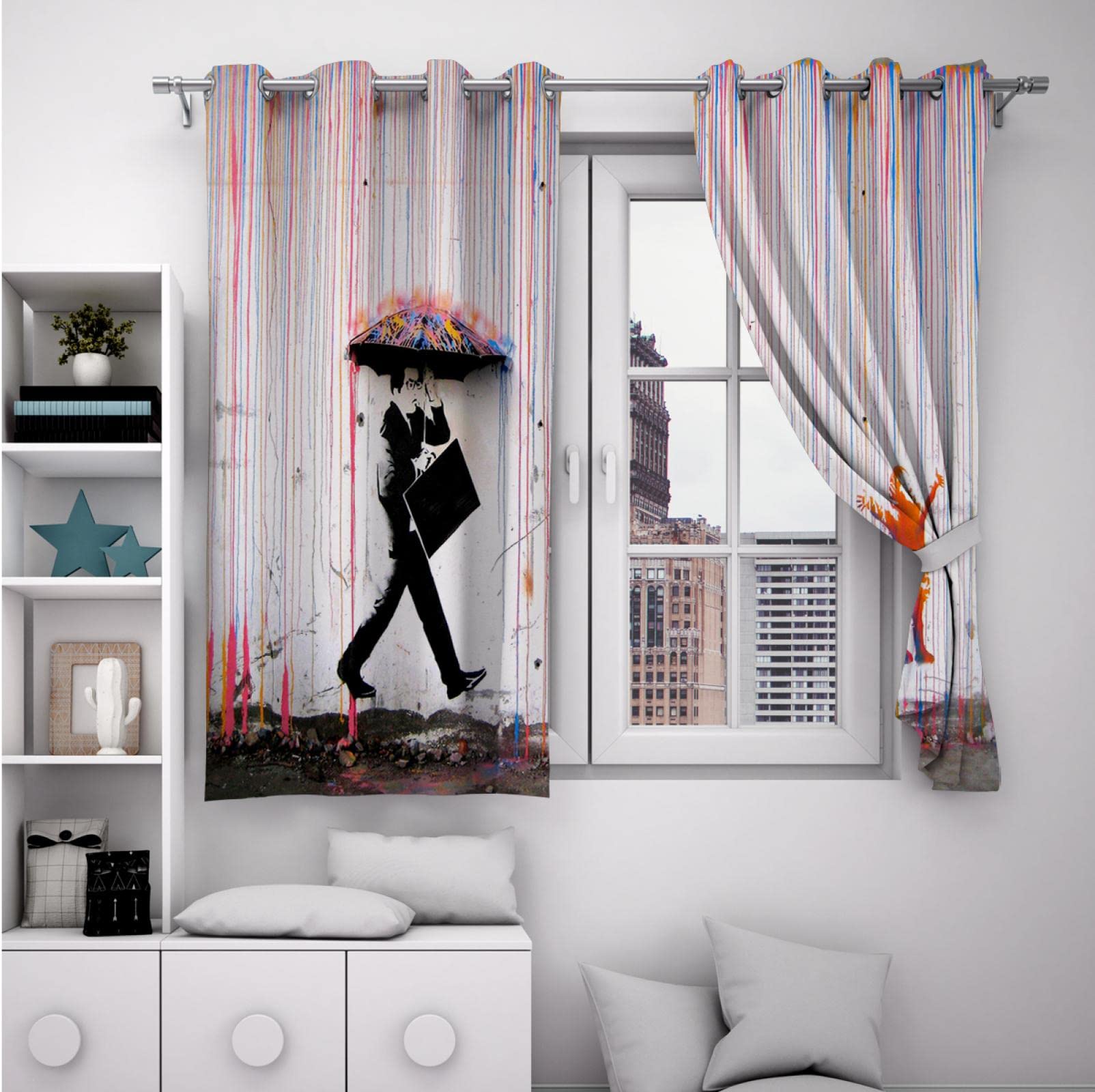 Cortinas Opacas para Dormitorio - Grommet Habitación con Aislamiento térmico Oscurecimiento Banksy Rainbow Cortinas de Lluvia para Sala de Estar Juego de 2 Paneles H160xB135