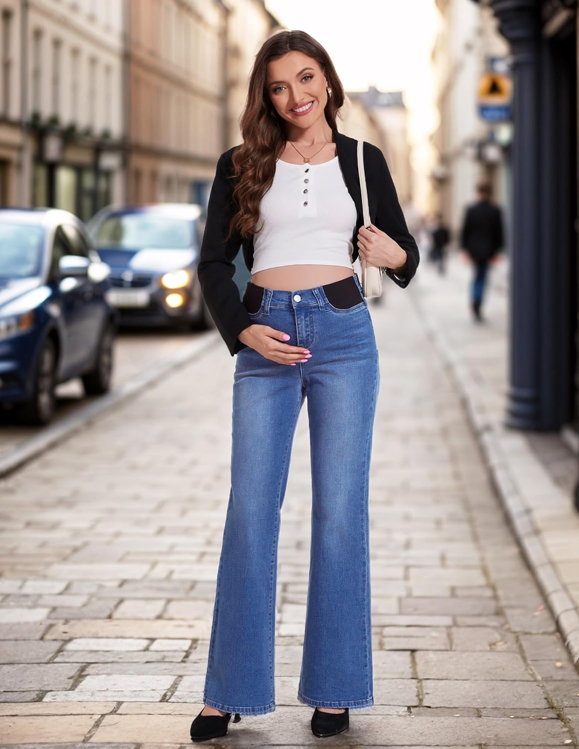 PACBREEZE Women's Maternity Flare Jeans Mid-Rise Stretchy Bell Bootcut Jeans Denim Pregnancy Pants, S-XXL - Image 3