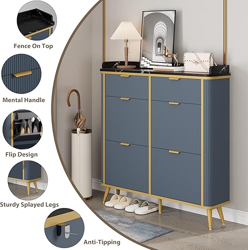 Miniatura 8 de Armario de almacenamiento de zapatos estriado con 4 cajones abatibles y 2 cajones, organizador de zapatos oculto independiente con estantes