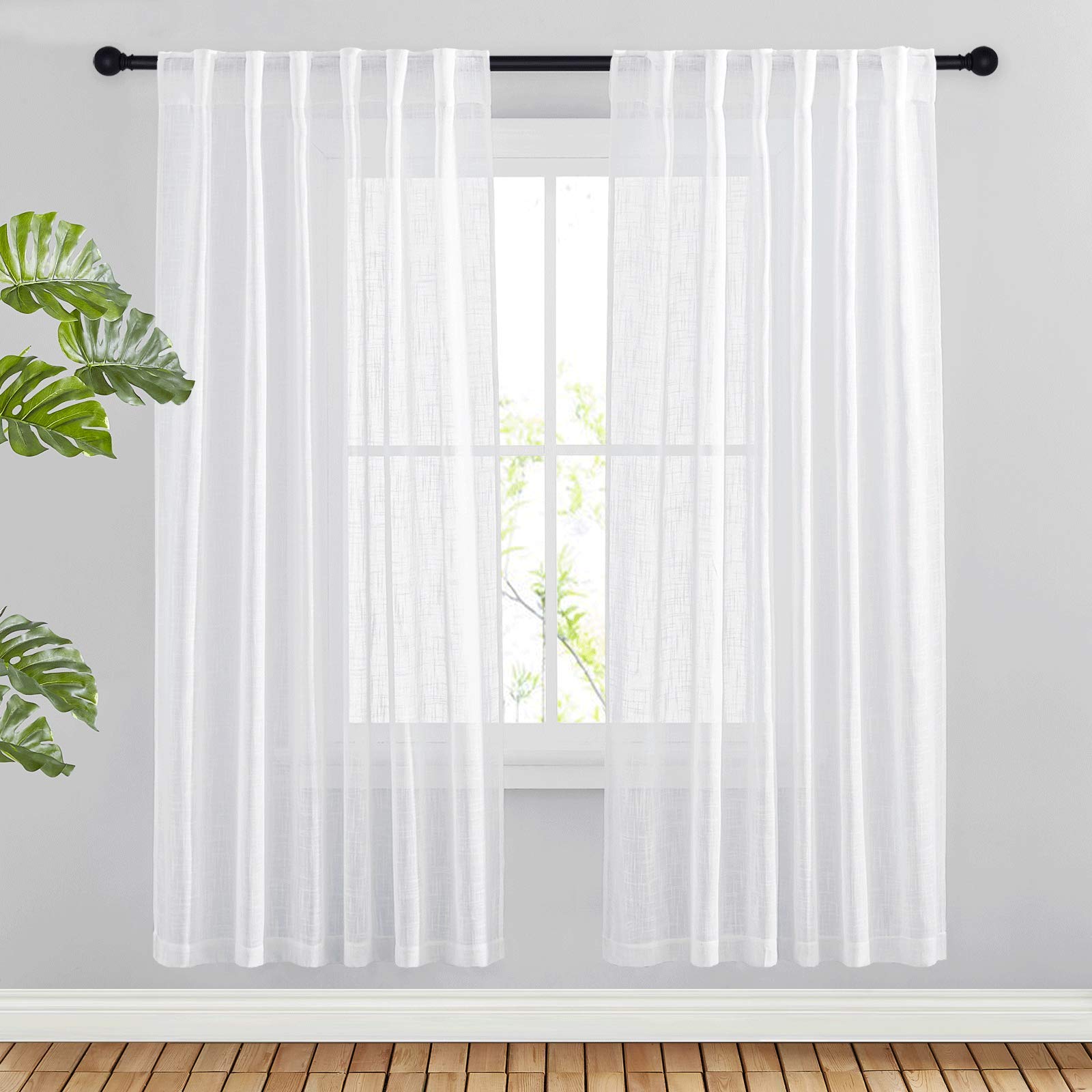 NICETOWN NICETOWN Country Linen Sheer Curtains 72 inches Long for Bedroom Window Treatments, Privacy Semitransparent Voile Sheer Drapes with Light Filtering for Living Room, 52 Inch Wide, White, Set of 2