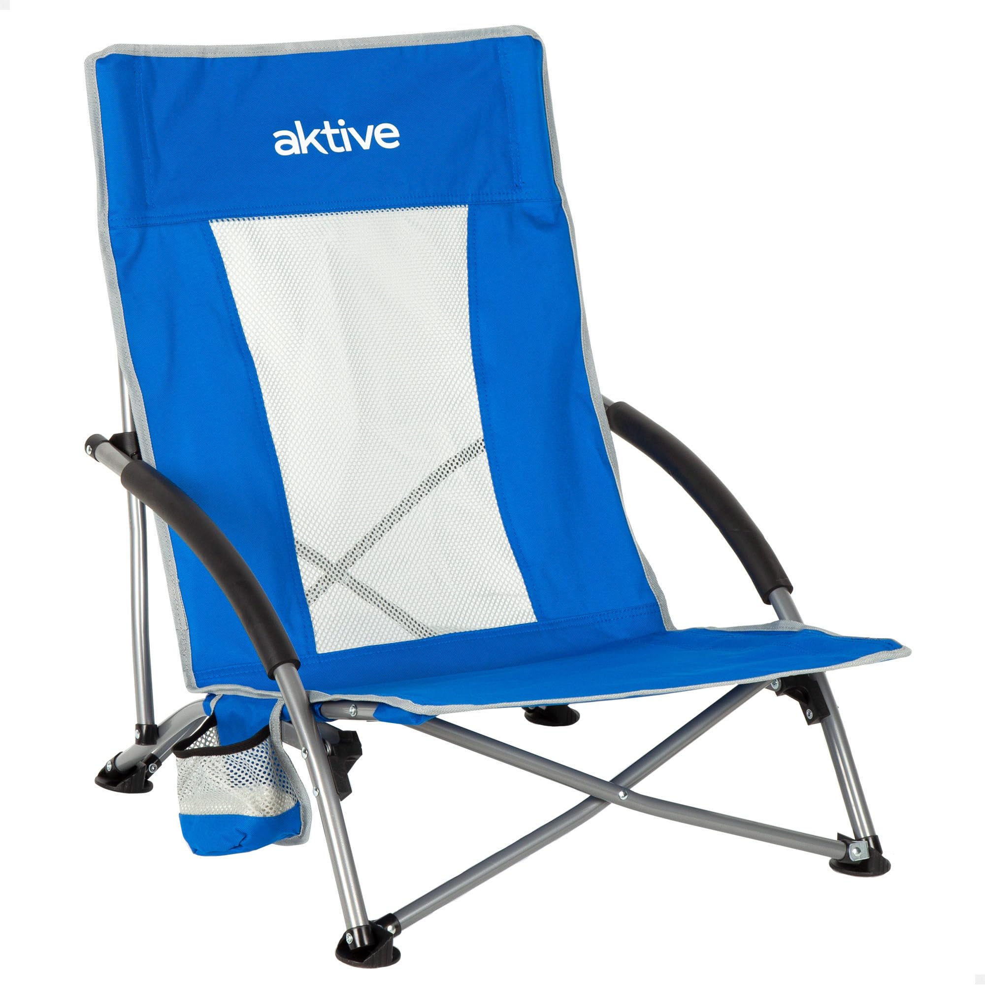 AKTIVE Silla plegable de playa, Tejido poliéster y estructura acero, Azul, Medidas 50x51x67 cm, Máx. 110 kg, Respaldo transpirable, Incluye funda y posavasos, Ligera y fácil de transportar (62636)
