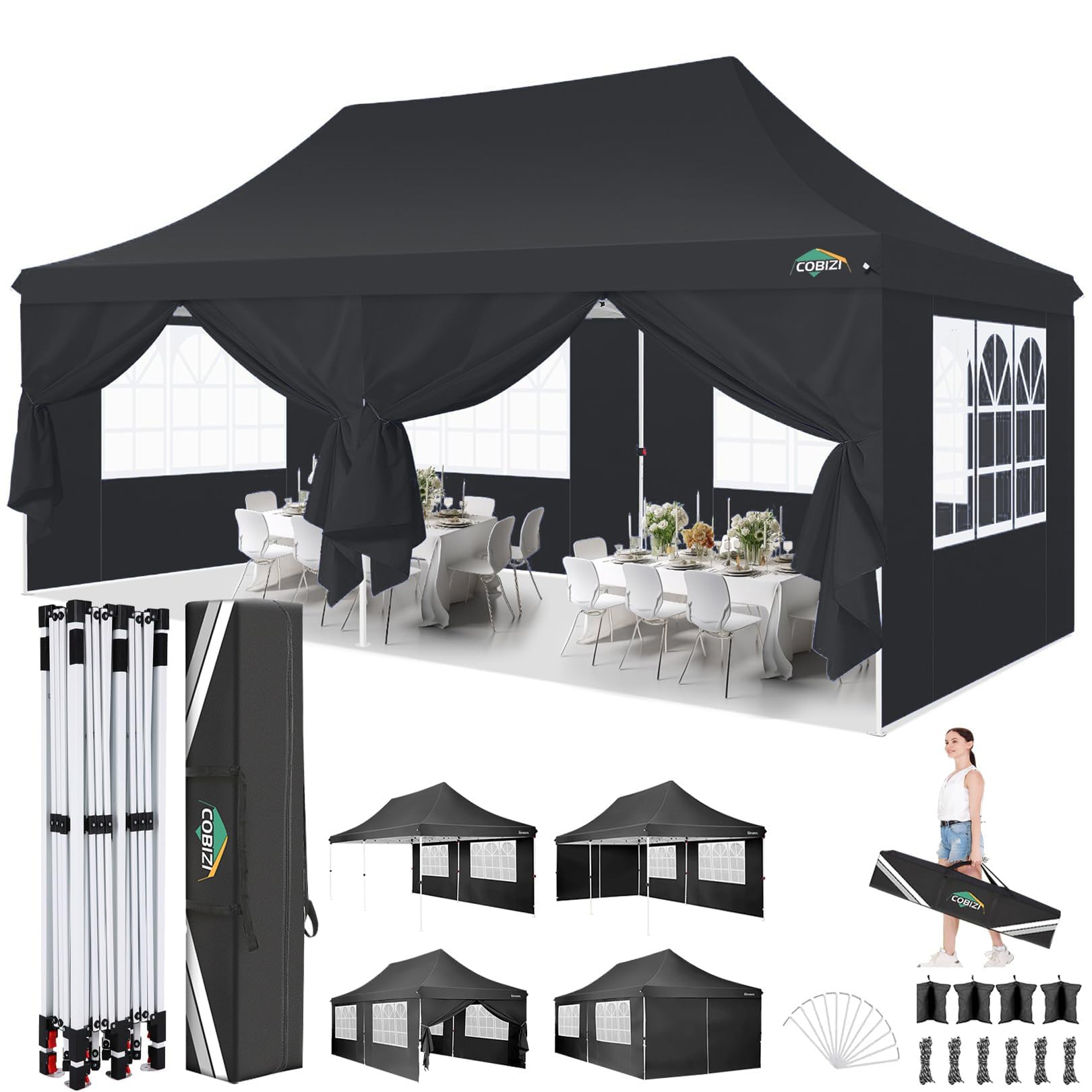 COBIZI Gazebo 3x6 Pieghevole Impermeabile con 6 Parti Laterali, UV 50+ Gazebo da Giardino Tenda Padiglione Pop up con 4 Sacchi di Sabbia, per Campeggio, Festival, Feste